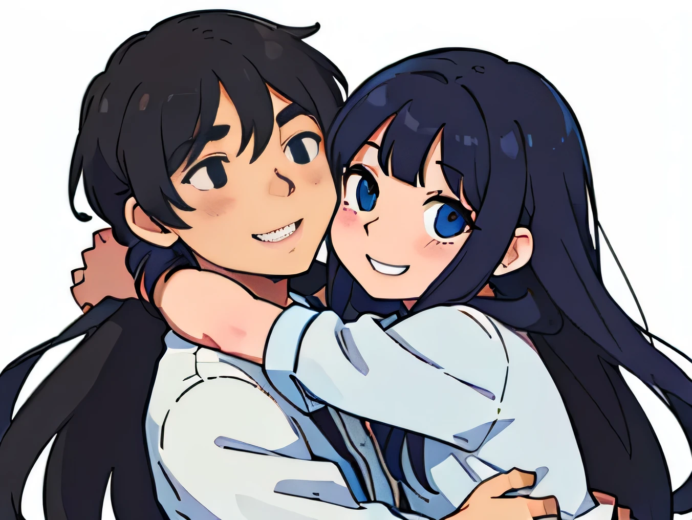 Perfect anime illustration, portrait of a girl having long hair with bangs and a guy, girl is hugging the guy wrapped her arms around his head, front view , smiling