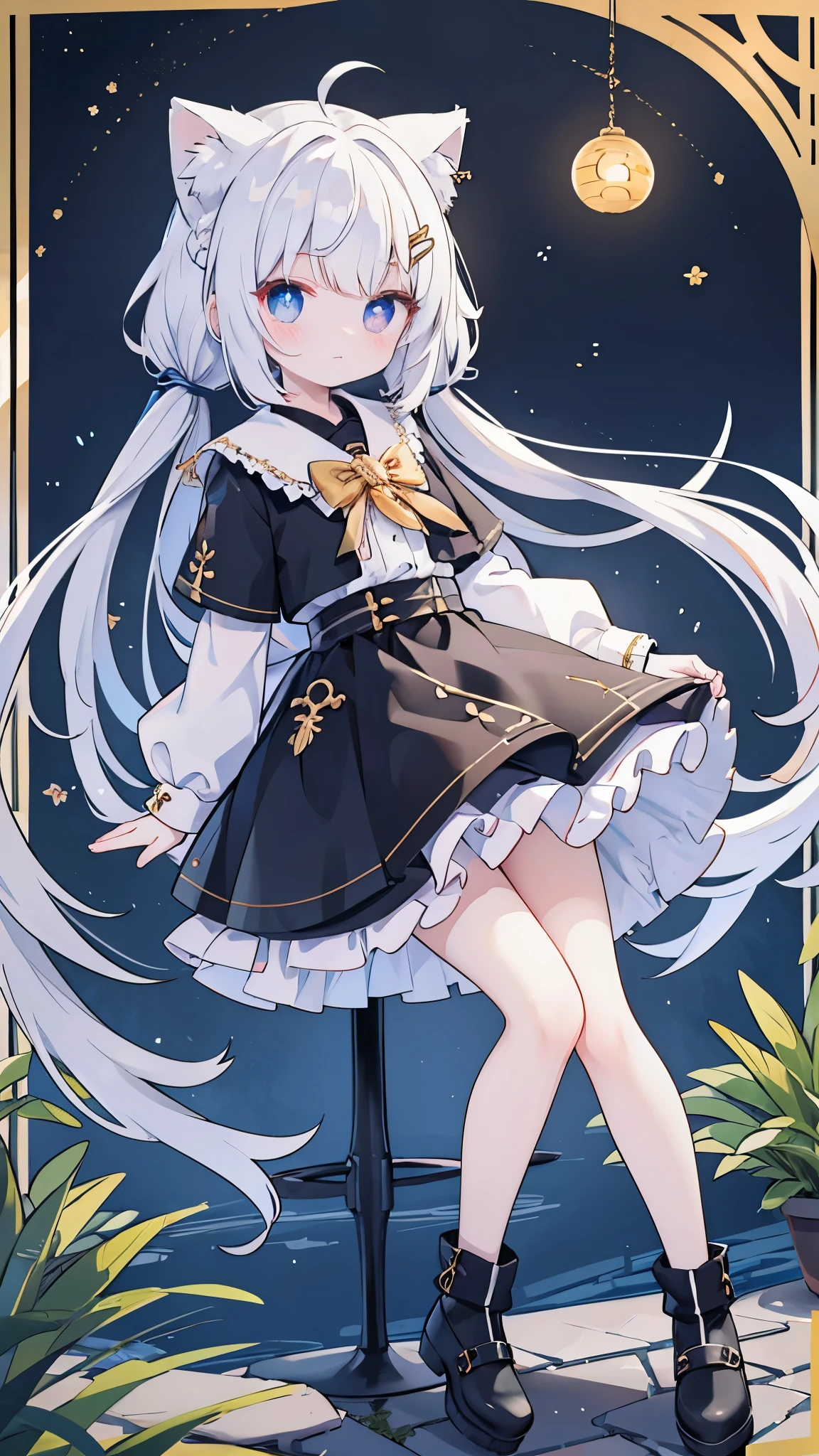 illustration, masterpiece, best quality, 1girl, fox ears, soft silver pastel brown hair, two tails, high twin tails, black ribbons with gold edges, star hair ornament, star \(symbol\), low twintails, halo, bangs, blush, smile, sparkle, full body, firm pose, T pose, (((transparent white blouse))), short skirt, (((no panties))), uncensored, barefoot, white bed, the girl's height is 1.40 meters , slim body, thin waist, thin hips, white background, (((perfect hands))), (((perfect feet))), (((Perfect fingers))), wallpaper