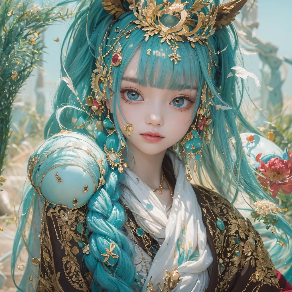 Yellow blue colors,enamel,agate,A flesh-colored world,Blood Blue Maiden 32k(masterpiece,HD,Aoyama Pond,超HD,32k)long flowing bright blue hair,blood pool,Ziddink, a color,grumpy (After greeting), (Linen scarf), fighting stance, looking at the ground, long white hair, Floating bright blue, Fire cloud gold headdress, Chinese long-sleeved gold silk burgundy garment, (Abstract metaverse splash:1.2), White background,Peony flower vitality protector(realistically:1.4),bright purple hair,Smoke on the road,The background is very pure, high resolution, detail, RAW photos, Sharp Re, Nikon D850 film photo by Jefferies Lee 4 Kodak Portra 400 camera F1.6 guns, colorful, Ultra-realistic and vivid textures, dramatic lighting, Unreal Engine Art Station Trend, Sinest 800,一个有着long flowing bright blue hair的女孩,huge colorful bubbles