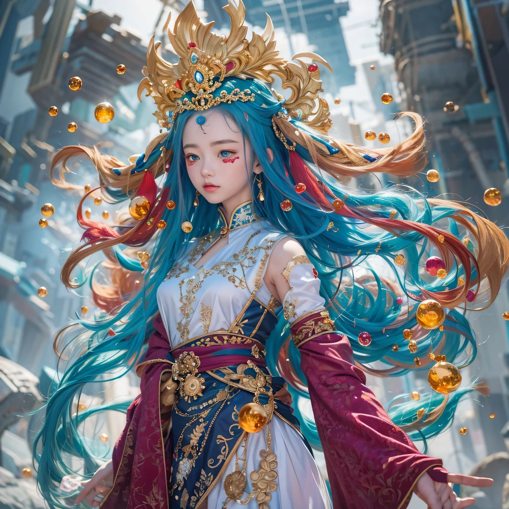 Yellow blue colors,enamel,agate,A flesh-colored world,Blood Blue Maiden 32k(masterpiece,HD,Aoyama Pond,超HD,32k)long flowing bright blue hair,blood pool,Ziddink, a color,grumpy (After greeting), (Linen scarf), fighting stance, looking at the ground, long white hair, Floating bright blue, Fire cloud gold headdress, Chinese long-sleeved gold silk burgundy garment, (Abstract metaverse splash:1.2), White background,Peony flower vitality protector(realistically:1.4),bright purple hair,Smoke on the road,The background is very pure, high resolution, detail, RAW photos, Sharp Re, Nikon D850 film photo by Jefferies Lee 4 Kodak Portra 400 camera F1.6 guns, colorful, Ultra-realistic and vivid textures, dramatic lighting, Unreal Engine Art Station Trend, Sinest 800,一个有着long flowing bright blue hair的女孩,huge colorful bubbles