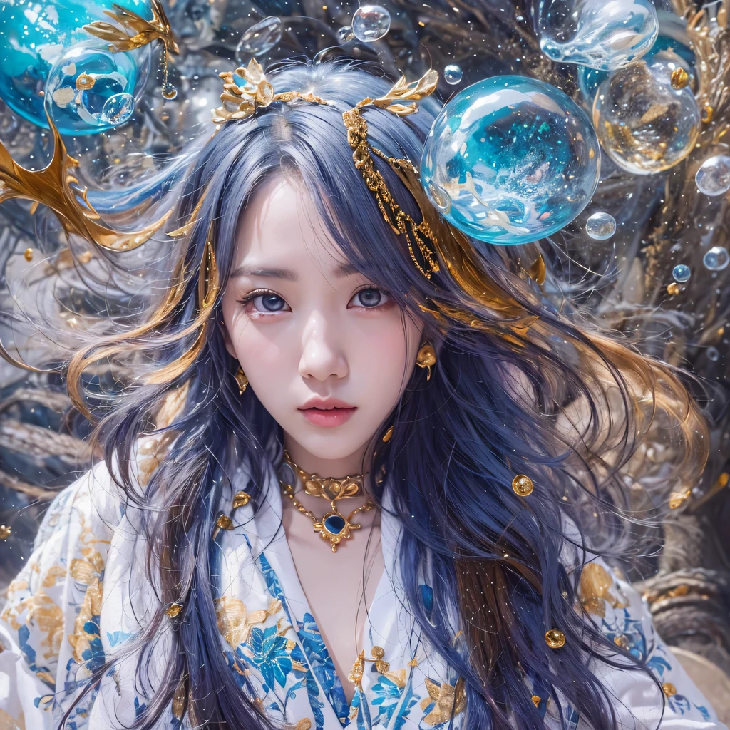 Yellow blue colors，enamel，agate，A flesh-colored world，Blood Blue Maiden 32k（masterpiece，HD，Aoyama Pond，超HD，32k）long flowing bright blue hair，blood pool，Ziddink， a color，grumpy （After greeting）， （Linen scarf）， fighting stance， looking at the ground， long white hair， Floating bright blue， Fire cloud gold headdress， Chinese long-sleeved gold silk burgundy garment， （Abstract metaverse splash：1.2）， White background，Peony flower vitality protector（realistically：1.4），bright purple hair，Smoke on the road，The background is very pure， high resolution， detail， RAW photos， Sharp Re， Nikon D850 film photo by Jefferies Lee 4 Kodak Portra 400 camera F1.6 guns, colorful, Ultra-realistic and vivid textures, dramatic lighting, Unreal Engine Art Station Trend, Sinest 800，一个有着long flowing bright blue hair的女孩，huge colorful bubbles