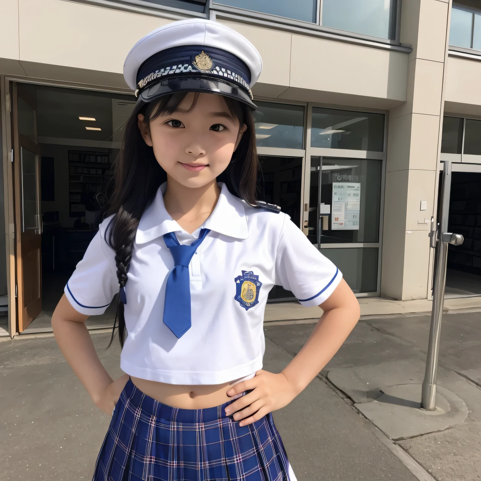 realistic pictures、Highest品質、ultra high resolution、Professional specifications、 (((( standing with hands on hips))))、Inside the bookstore、Japanese school sailor suit、very short skirt、((police officer hat))、((look at the camera))、short sleeve、belly button、'face、lolicon、Highest