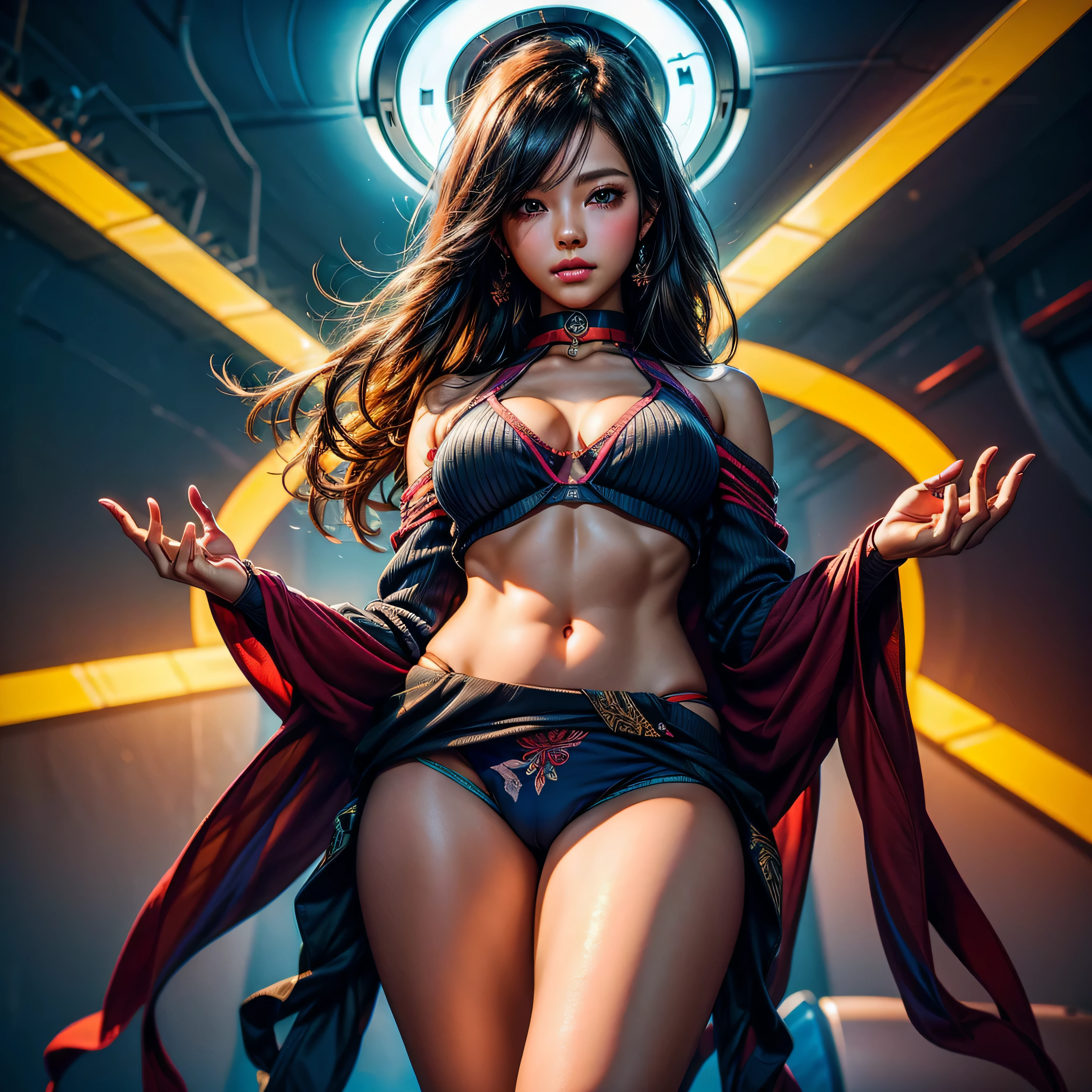 african goddess jiggly fat round belly voluptuous body, heterochromia eyes, really curly hair, dark skin, (nude), big boobasterpiece), ultra best quality, extremely detailed, (watercolor), bloom, epic delicate and beautiful, illustration, (from below),(1girl:1.4), (solo:1.2), large breasts, (ribbed sweater:1.3), rainbow off-shoulder sweater, frills, ribbons, floral embroidery, neon rainbow stockings and long gloves, cute neon rainbow panties with embroidery, choker, wearing a neon rainbow garter belt, ripped costume, (short shorts:1.2), bare shoulders, (underboob:1.2), ((dark skin:0.8)), beautiful eyes, (disheveled hair ), photography, over-the-shoulder shot, by Alex Maleev, professional, canon camera, nikon camera, ultra sharp, bokeh, studio ultra high quality, fisheye lens, by Robert Capa , artistic photography,(photography taken by sldr),ultra high-res, (ultra detailed, extremely detailed), (photorealistic artwork:1.37),(extremely detailed CG unity wallpaper),((synthwave background theme)),(((vibrant colors))),(intricate background),(epic masterpiece),(best ultra high-quality), ultra high-definition, saturated, UHD HDR XT3 DSLR vivid colorful Tattoo half-naked nsfw varies multi etc. --v 6 --s 1000 --c 20 --q 20 --chaos 100