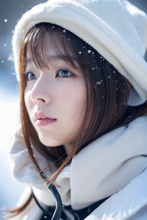 ((top-quality、8k、masuter piece:1.3))、(Beautiful, realistic Japan people),1 female、Winter coat、(爆乳:1.2)、muffler、Yarn hat、gloves、hyperdetailed face、High detailed lips、A detailed eye、二重まぶた 、snowflakes falling、White breath、sideways Facing、look up sky、large tree、naturey、kou、a white world、
