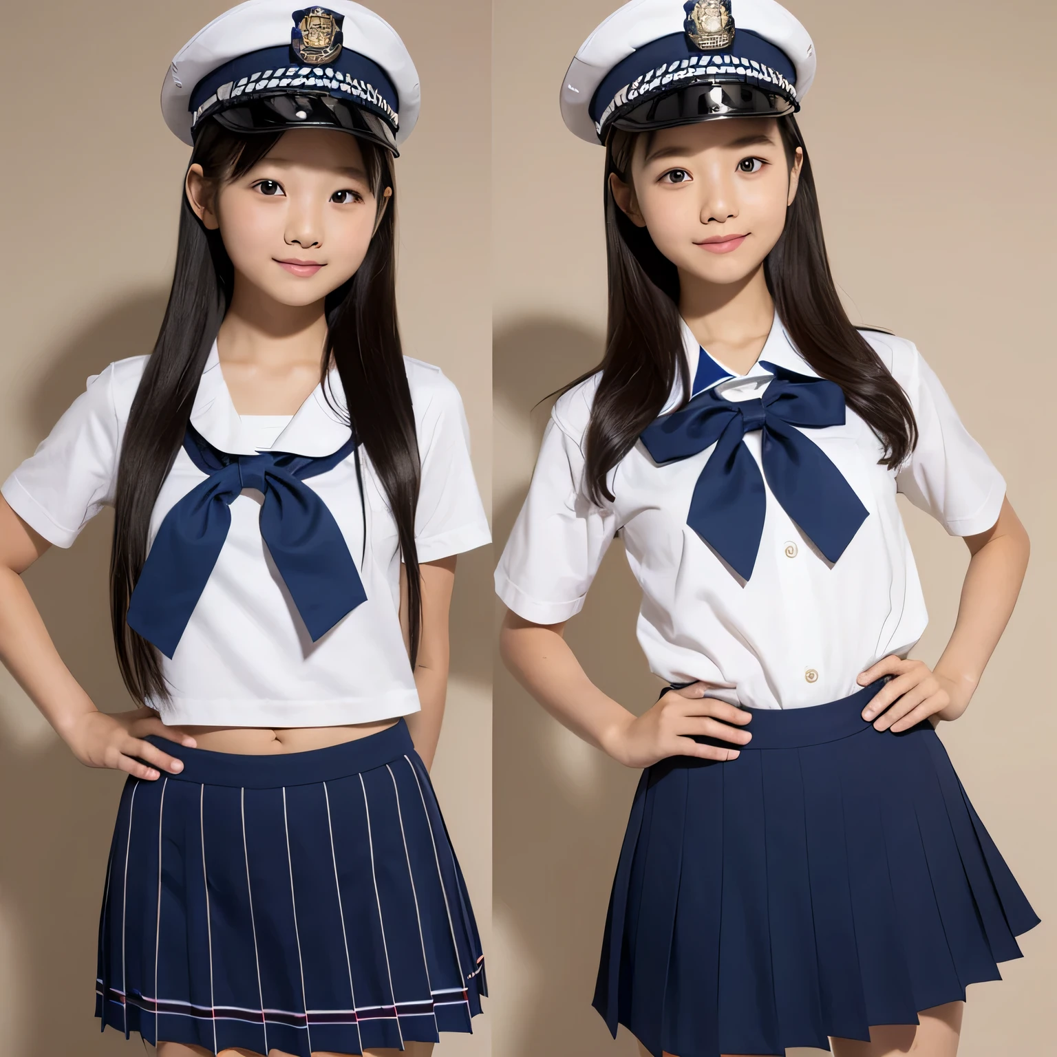 realistic pictures、Highest品質、ultra high resolution、Professional specifications、 ((((Elementary school girl standing with hands on hips))))、Inside the bookstore、Japanese school sailor suit、very short skirt、((police officer hat))、((look at the camera))、short sleeve、belly button、'face、lolicon、Highest