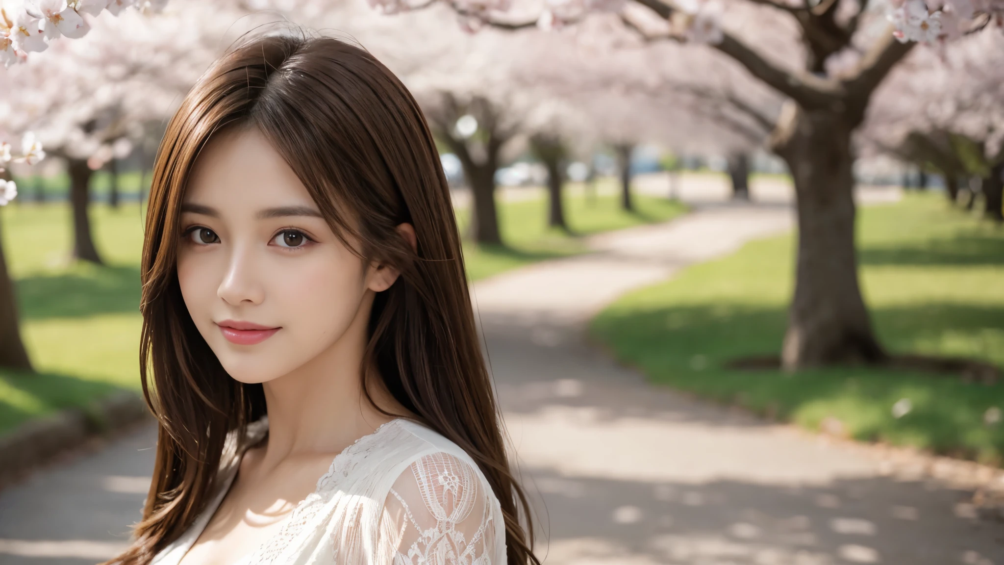 masterpiece, Best Quality, Photorealistic, Ultra-detailed, finely detailed, High resolution, 8K Wallpaper, 1 beautiful woman, light brown hair, foco nítido, Perfect dynamic composition, Beautiful detailed eyes, detailed hairs, Detailed realistic skin texture, Smiling, portrait, Model body type, Take a walk in the park with cherry blossoms,