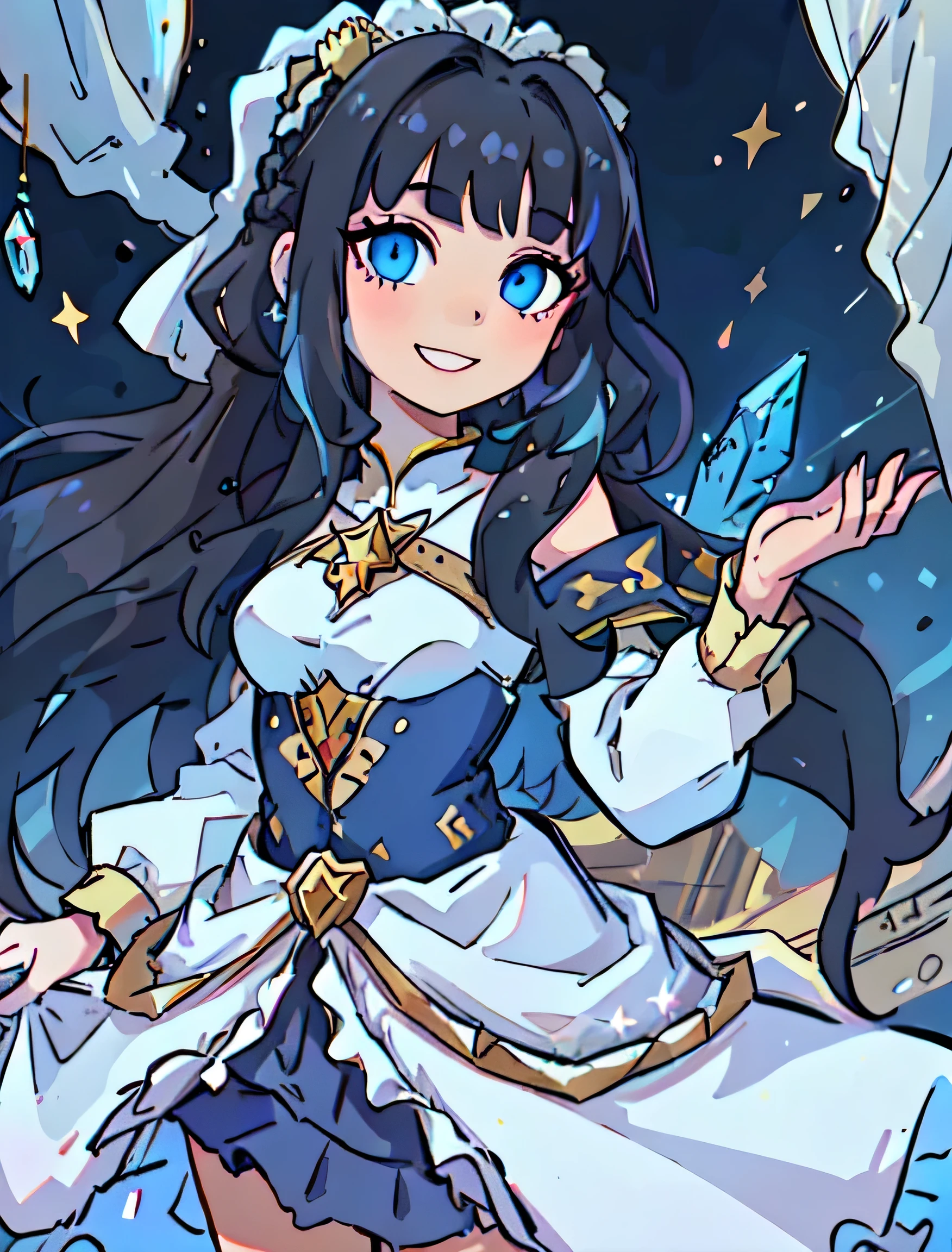 1 girl, black hair, (blue eyes),  Court-style dress, royal, Gorgeous, layered decoration, Ruffles, bow, Crystal chandeliers, Roman Curly Hairstyle, will release, diamond般的双马尾, look at camera, Bangs, Minimalism, magnificent background, Detailed depiction of hair and eyes, Princess dress, Gorgeous skirts, flowers in hand, Smile, starry eyes, Light, extreme details, HD, happy girl, very long hair, diamond, broken diamond, crystal shard, light particles