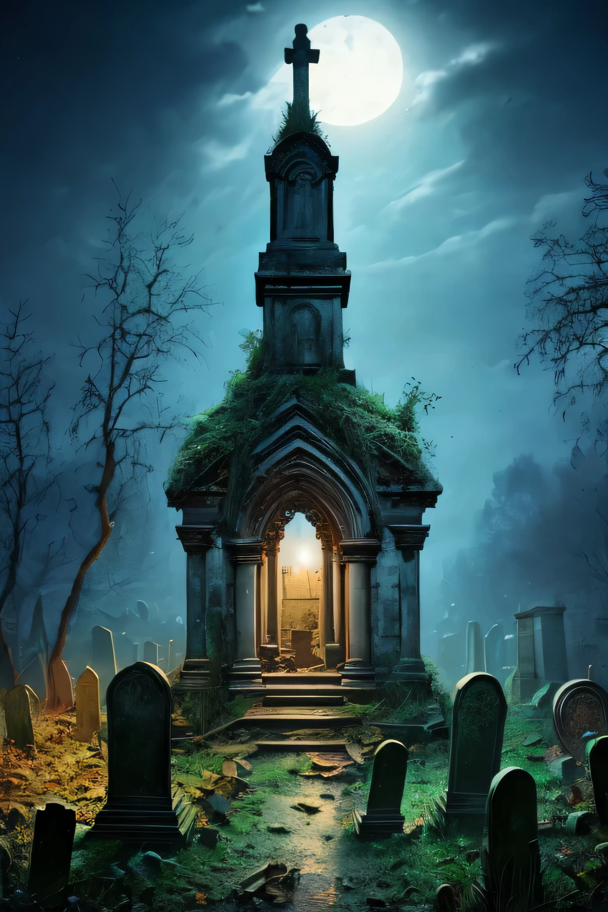 (masterpiece:1.2), (Best quality,:1.2), 8K, HDR, ultra detailed, ((photorealistic)), professional light, cinematic lighting, fashion photography, ambient lighting, background, desolated, abandoned old medieval gothic cemetery at night, (open graves), (broken coffins), (broken sarcophagus), Dead trees, darkness, DarkFantasy, epiC Photo,