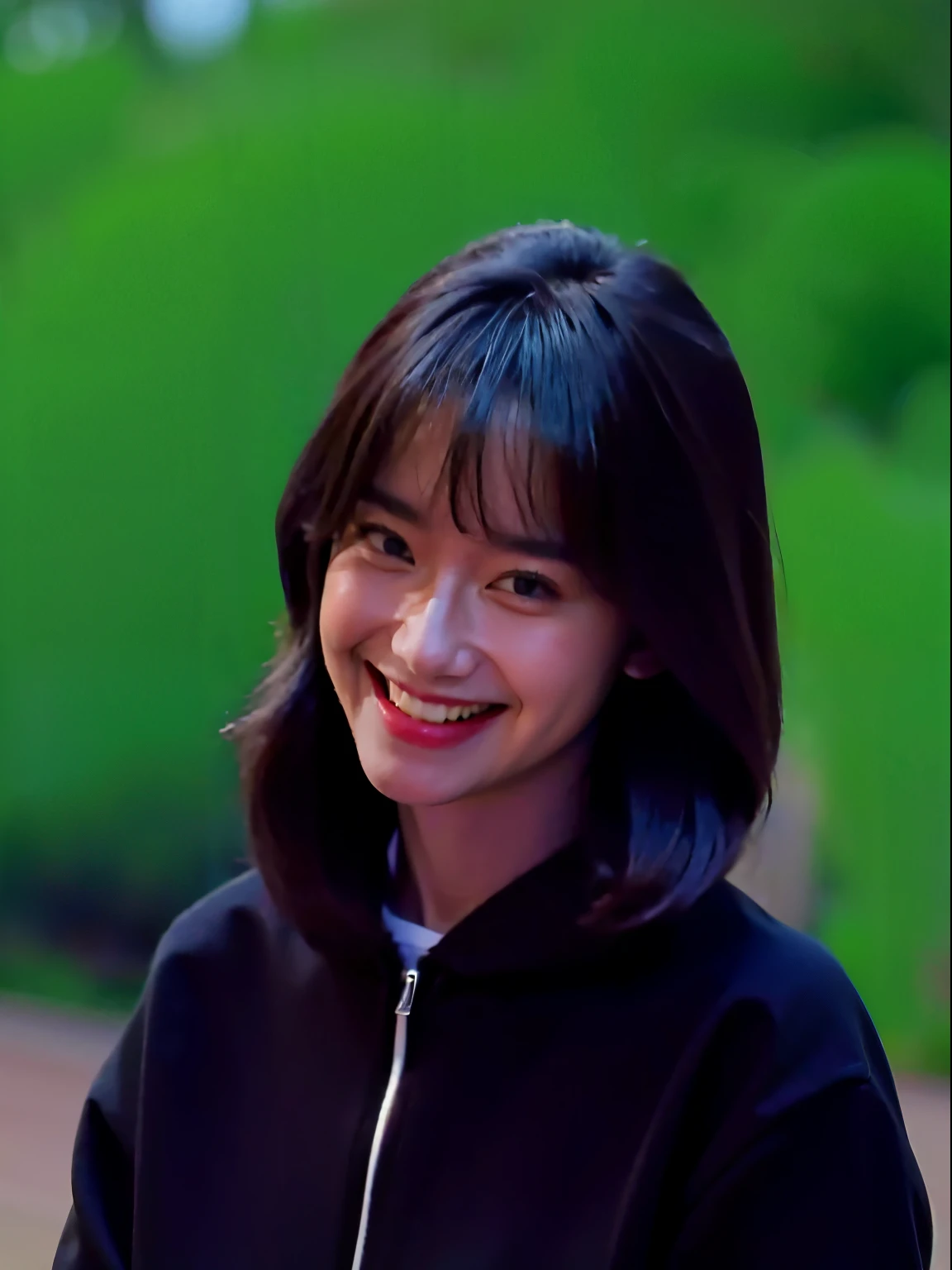 masterpiece , 1girl , black hair , outdoors , freya ,medium hair , hair bangs , hoodie , smile , teeth