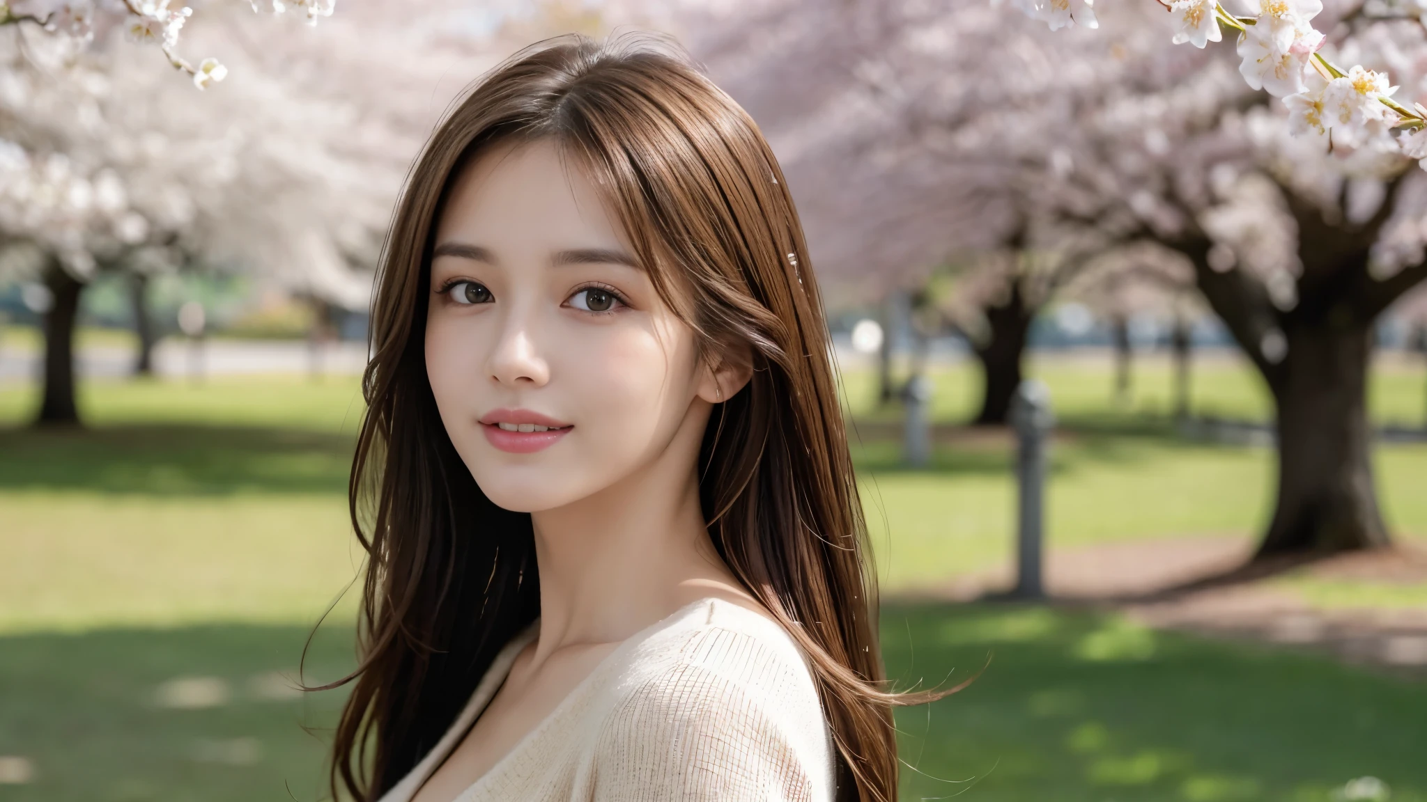 masterpiece, Best Quality, Photorealistic, Ultra-detailed, finely detailed, High resolution, 8K Wallpaper, 1 beautiful woman, light brown hair, foco nítido, Perfect dynamic composition, Beautiful detailed eyes, detailed hairs, Detailed realistic skin texture, Smiling, portrait, Model body type, Take a walk in the park with cherry blossoms,