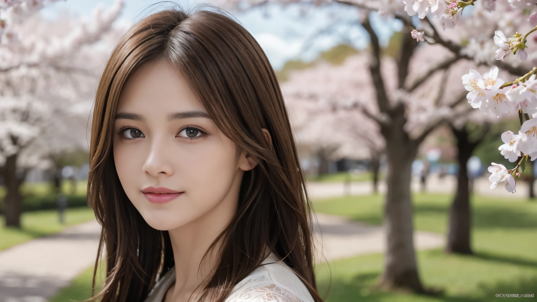 masterpiece, Best Quality, Photorealistic, Ultra-detailed, finely detailed, High resolution, 8K Wallpaper, 1 beautiful woman, light brown hair, foco nítido, Perfect dynamic composition, Beautiful detailed eyes, detailed hairs, Detailed realistic skin texture, Smiling, portrait, Model body type, Take a walk in the park with cherry blossoms,