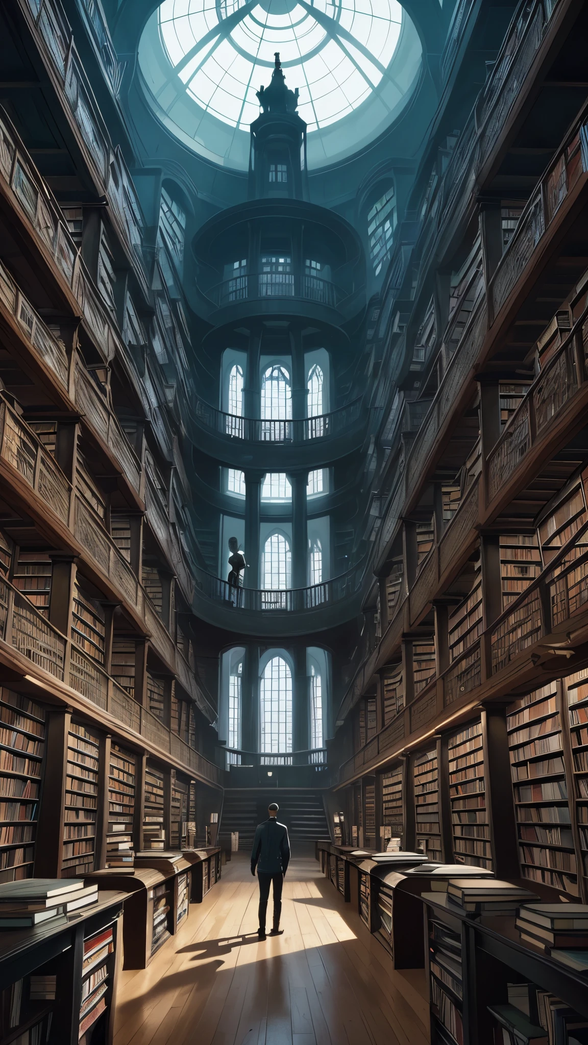 image of a man standing in a library with books, endless books, borne space library artwork, books cave, fantasy book illustration, spiral shelves full of books, infinite celestial library, an eternal library, gothic epic library concept, magic library, japanese sci - fi books art, beeple and jean giraud, books all over the place