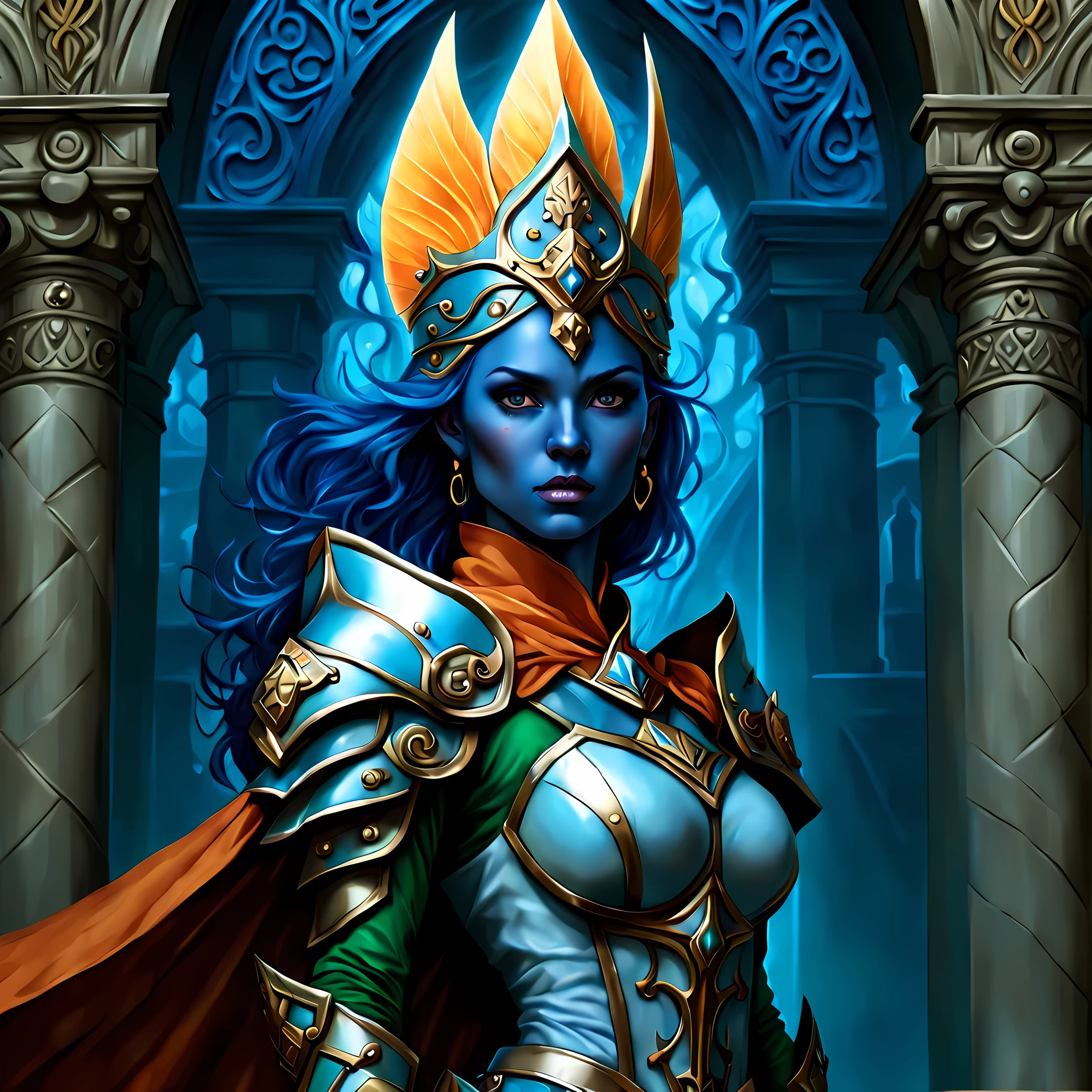fantasy art, dnd art, RPG art, wide shot, (masterpiece: 1.4) a (portrait: 1.3) intense details, highly detailed, photorealistic, best quality, highres, portrait a female (fantasy art, Masterpiece, best quality: 1.3) ((blue skin: 1.5)), intense details facial details, exquisite beauty, (fantasy art, Masterpiece, best quality) cleric, (blue: 1.3) skinned female, bald head, (no ears: 1.5), (green: 1.3) eye, fantasy art, Masterpiece, best quality) armed a fiery sword red fire, wearing heavy (white: 1.3) half plate mail armor, wearing high heeled laced boots, wearing an(orange :1.3) cloak, wearing glowing holy symbol GlowingRunes_yellow, within fantasy temple background, reflection light, high details, best quality, 16k, [ultra detailed], masterpiece, best quality, (extremely detailed), close up, ultra wide shot, photorealistic, RAW, fantasy art, dnd art, fantasy art, realistic art,((best quality)), ((masterpiece)), (detailed), perfect face, 