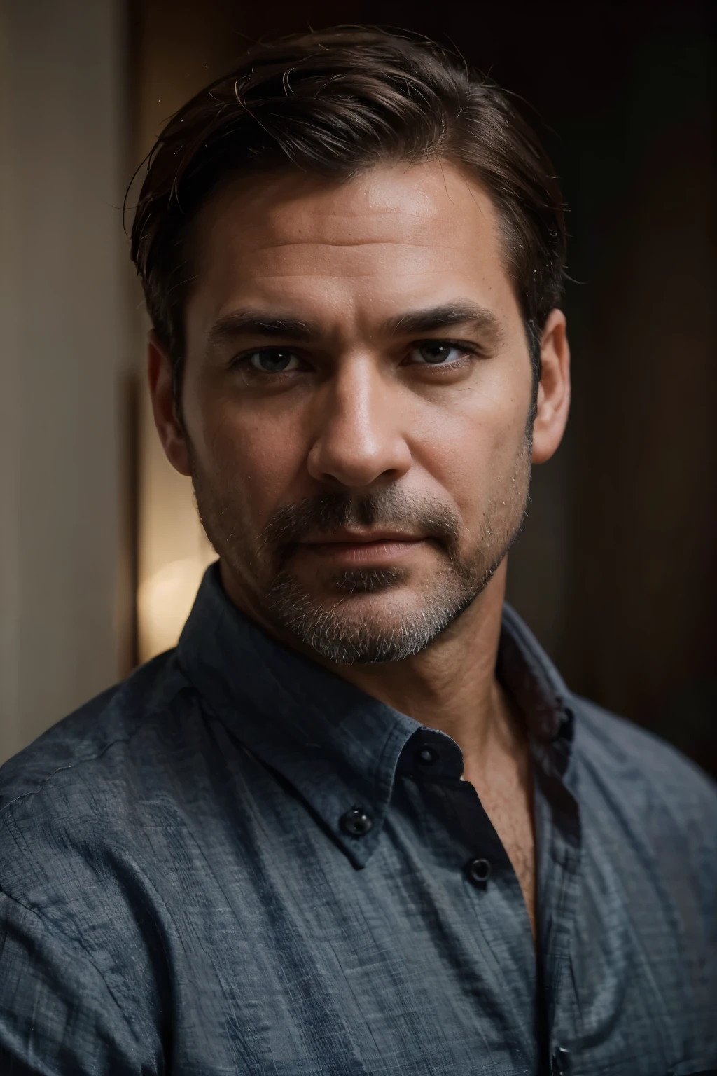 The image captures a strikingly handsome middle-aged man, estimated to be around 40-42 years old. His mature appeal is accentuated by the presence of distinguished wrinkles and a realistic skin texture. He has short, brown hair that complements his neatly groomed beard. He is wearing a dark blue button-up shirt, which adds to his stately and well-put-together appearance. The portrait is set against a soft, out-of-focus backdrop with a warm bokeh effect, which serves to draw the viewer's attention to the man's compelling visage, making him the undeniable focal point of this enthralling portrait. short hair cut