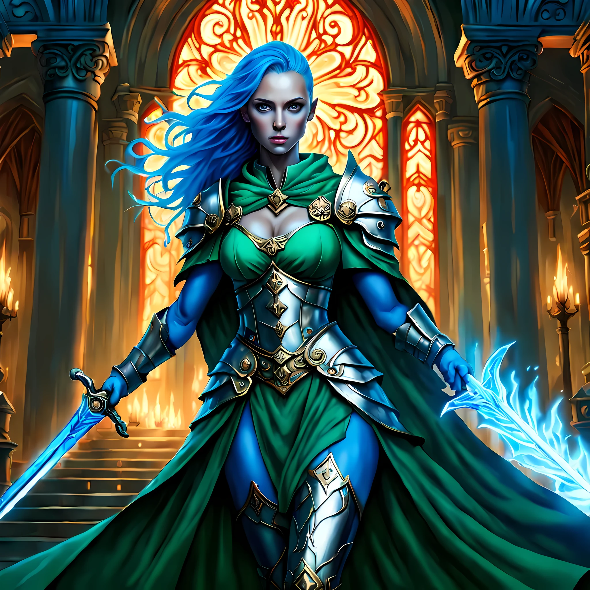 fantasy art, dnd art, RPG art, wide shot, (masterpiece: 1.4) a (portrait: 1.3) intense details, highly detailed, photorealistic, best quality, highres, portrait a female (fantasy art, Masterpiece, best quality: 1.3) ((blue skin: 1.5)), intense details facial details, exquisite beauty, (fantasy art, Masterpiece, best quality) cleric, (blue: 1.3) skinned female, white hair, long hair, (hair hides ears: 1.5), (green: 1.3) eye, fantasy art, Masterpiece, best quality) armed a fiery sword red fire, wearing heavy (white: 1.3) half plate mail armor, wearing high heeled laced boots, wearing an(orange :1.3) cloak, wearing glowing holy symbol GlowingRunes_yellow, within fantasy temple background, reflection light, high details, best quality, 16k, [ultra detailed], masterpiece, best quality, (extremely detailed), close up, ultra wide shot, photorealistic, RAW, fantasy art, dnd art, fantasy art, realistic art,((best quality)), ((masterpiece)), (detailed), perfect face, 