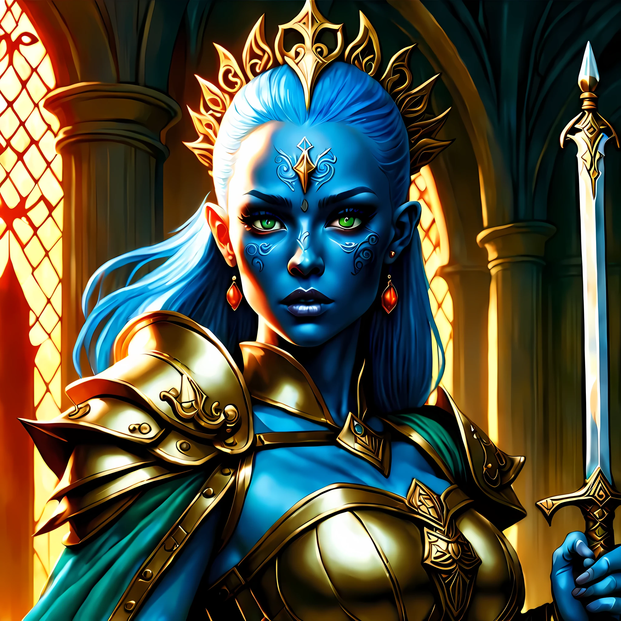 fantasy art, dnd art, RPG art, wide shot, (masterpiece: 1.4) a (portrait: 1.3) intense details, highly detailed, photorealistic, best quality, highres, portrait a female (fantasy art, Masterpiece, best quality: 1.3) ((blue skin: 1.5)), intense details facial details, exquisite beauty, (fantasy art, Masterpiece, best quality) cleric, (blue: 1.3) skinned female, bald head, (no ears: 1.5), (green: 1.3) eye, fantasy art, Masterpiece, best quality) armed a fiery sword red fire, wearing heavy (white: 1.3) half plate mail armor, wearing high heeled laced boots, wearing an(orange :1.3) cloak, wearing glowing holy symbol GlowingRunes_yellow, within fantasy temple background, reflection light, high details, best quality, 16k, [ultra detailed], masterpiece, best quality, (extremely detailed), close up, ultra wide shot, photorealistic, RAW, fantasy art, dnd art, fantasy art, realistic art,((best quality)), ((masterpiece)), (detailed), perfect face, 