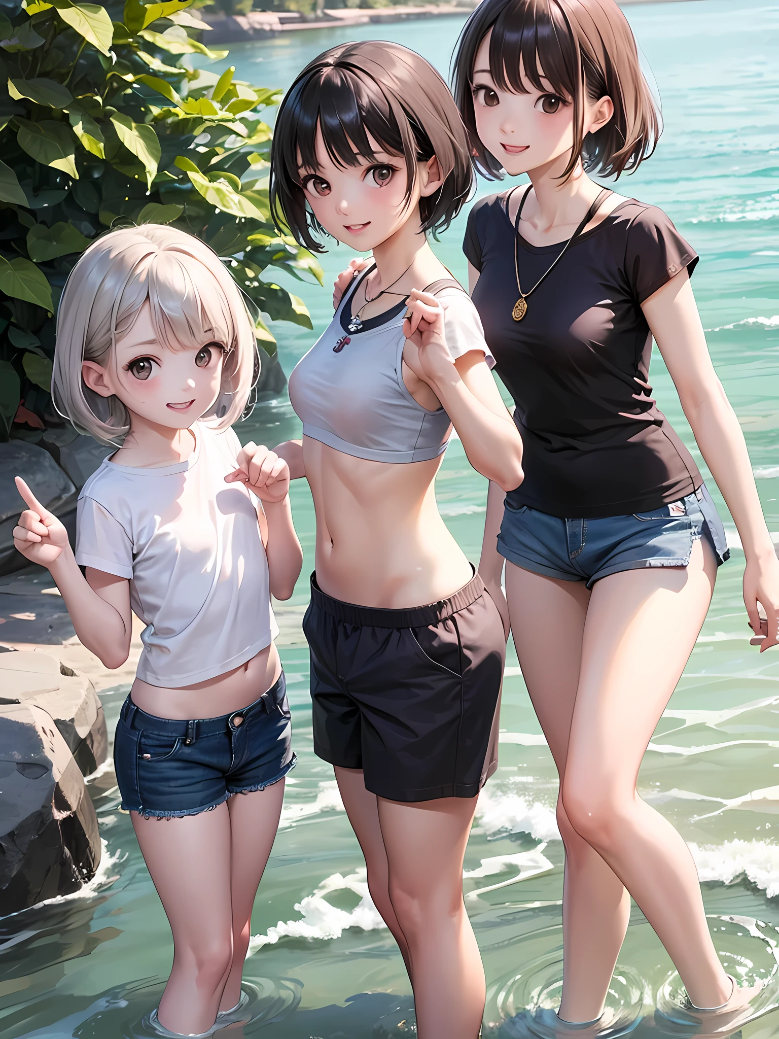 ((highest quality)), ((masterpiece)), (), (3 girls:1.3), cute three girls are posing for a camera outdoors in the water, shirtをつかむ, stand side by side, (Close-up shot from the knee:1.3), perfect face, smile, (open your mouth and smile:1.3), embarrassed look, (precise fingers:1.3), hair band, head band, hair bobble, blouse, shirt, I can see your underwear, (pastel colored underwear), high resolution eyes, accurate eyes, (high resolution eyes:1.8), (High definition finger 1.8), light smile, small chest, chest, realistic, 4-year-old, 5 yeold, ears ols old, knee s short skirt, Asian, Westerners, silver hair, brown hair, blonde, belly button, jewelry, looking at the viewer, necklace, water, , Wet, long hair, short hair, abs,