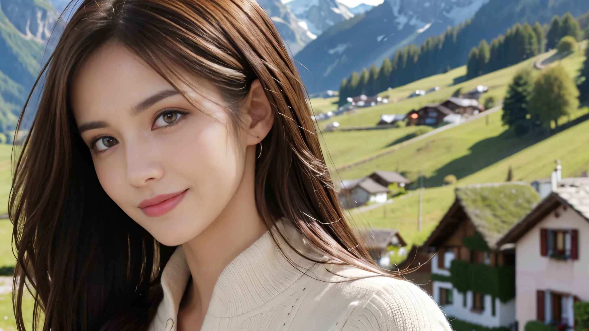 masterpiece, Best Quality, Photorealistic, Ultra-detailed, finely detailed, High resolution, 8K Wallpaper, 1 beautiful woman, light brown hair, foco nítido, Perfect dynamic composition, Beautiful detailed eyes, detailed hairs, Detailed realistic skin texture, Smiling, portrait, Model body type, The background is the village of Grindelwald, Switzerland,