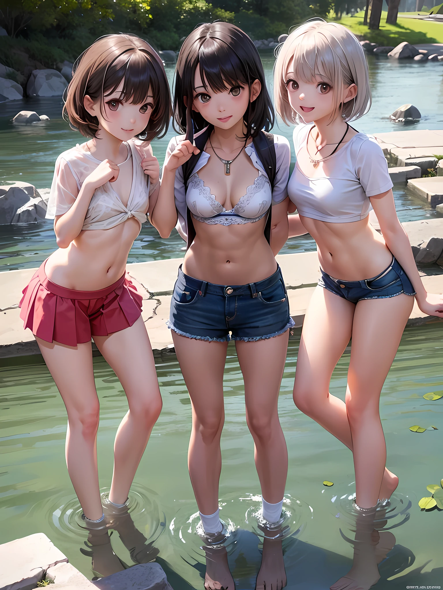 ((highest quality)), ((masterpiece)), (Cute baby girl), (3 girls:1.3), cute three girls are posing for a camera outdoors in the water, shirtをつかむ, stand side by side, (Close-up shot from the knee:1.3), perfect face, smile, (open your mouth and smile:1.3), embarrassed look, (precise fingers:1.3), hair band, head band, hair bobble, blouse, shirt, I can see your underwear, (pastel colored underwear), high resolution eyes, accurate eyes, (high resolution eyes:1.8), (High definition finger 1.8), light smile, small chest, chest, realistic, 4-year-old, , 6 years oldld, knee sockirt, Asian, Westerners, silver hair, brown hair, blonde, belly button, jewelry, looking at the viewer, necklace, water, , Wet, long hair, short hair, abs,