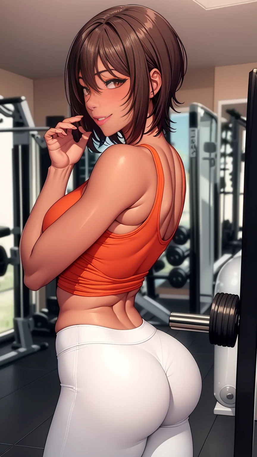 ((Ass, Upright, shiny eyes, orange tank top, white yoga pants, tight clothes)), (((muscular, fitness))) 1girl, milf, standing, sexy, ((standing, gym background, pose)), with gym equipment, mirrors, ShioriNishimura, dark skin, dark-skinned female, solo, mature female, milf, looking at viewer, happy, smile, kawai, blush, pink lipstck, 
brown hair, short hair, makeup, brown eyes, perfect eyes, perfect face, detailed face, healed