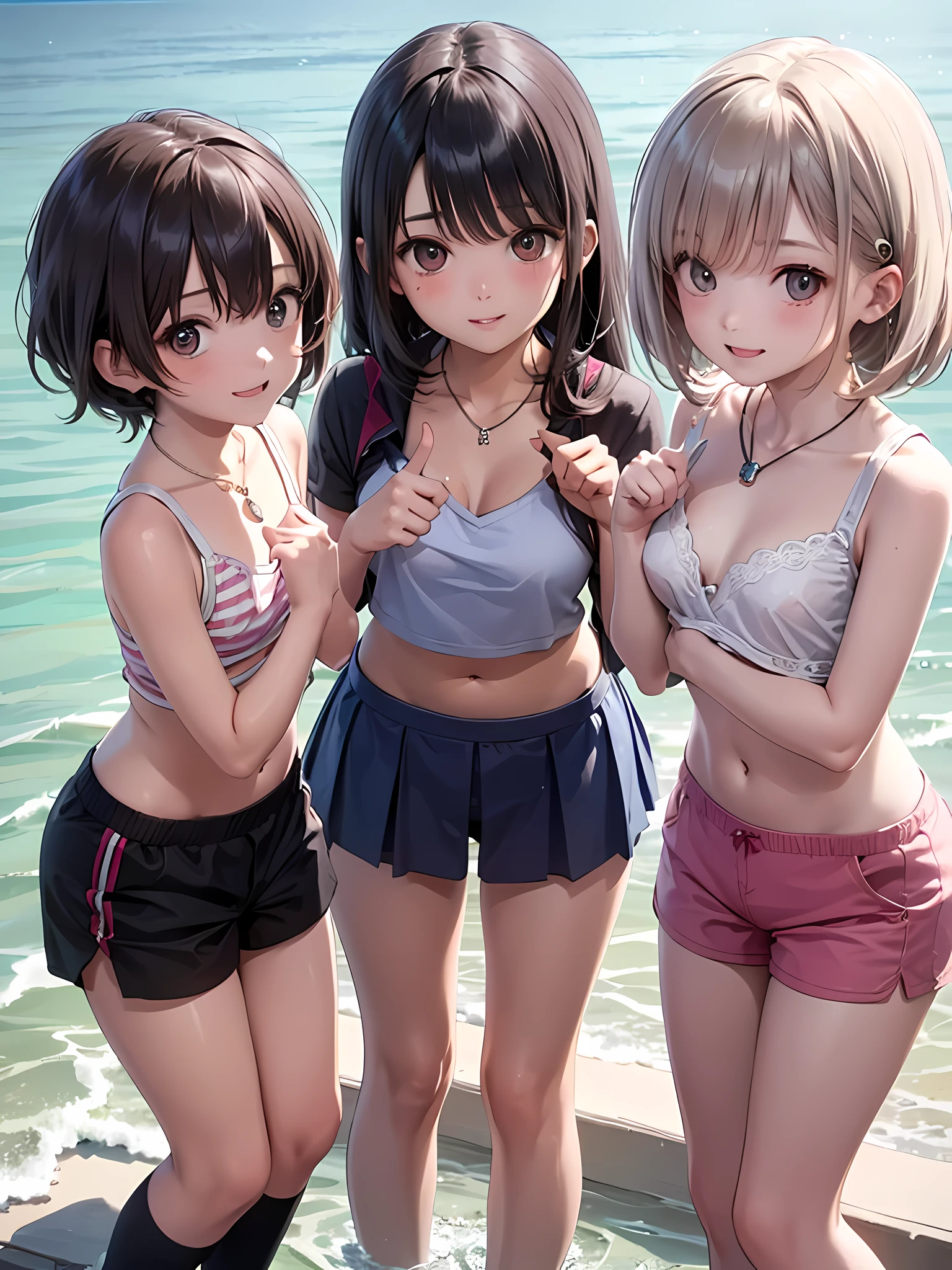 ((highest quality)), ((masterpiece)), (), (3 girls:1.3), cute three girls are posing for a camera outdoors in the water, shirtをつかむ, stand side by side, (Close-up shot from the knee:1.3), perfect face, smile, (open your mouth and smile:1.3), embarrassed look, (precise fingers:1.3), hair band, head band, hair bobble, blouse, shirt, I can see your underwear, (pastel colored underwear), high resolution eyes, accurate eyes, (high resolution eyes:1.8), (High definition finger 1.8), light smile, small chest, chest, realistic, 4-year-old, 5 yeold, ears ols old, knee s short skirt, Asian, Westerners, silver hair, brown hair, blonde, belly button, jewelry, looking at the viewer, necklace, water, , Wet, long hair, short hair, abs,