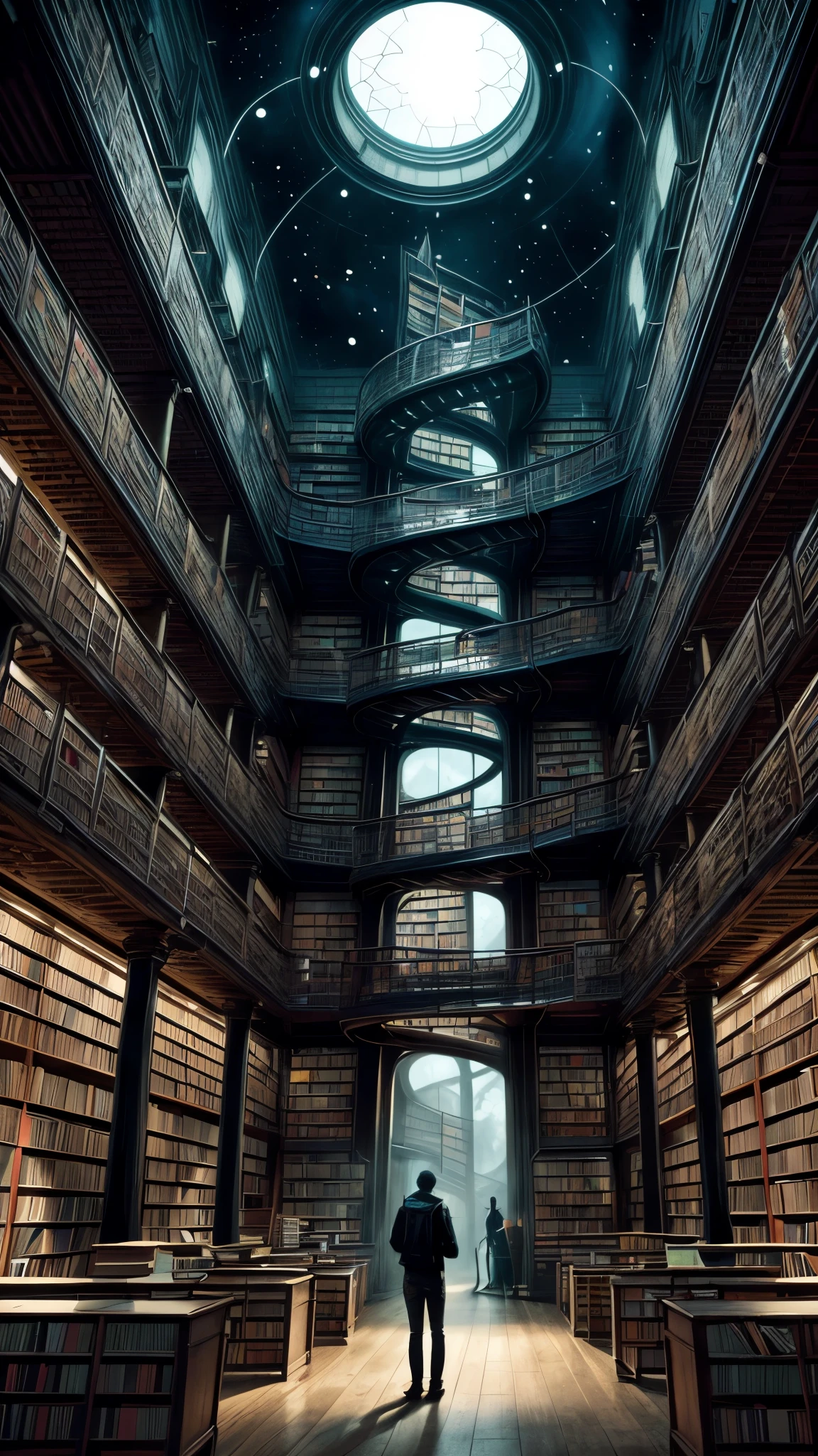 image of a man standing in a library with books, endless books, borne space library artwork, books cave, fantasy book illustration, spiral shelves full of books, infinite celestial library, an eternal library, gothic epic library concept, magic library, japanese sci - fi books art, beeple and jean giraud, books all over the place