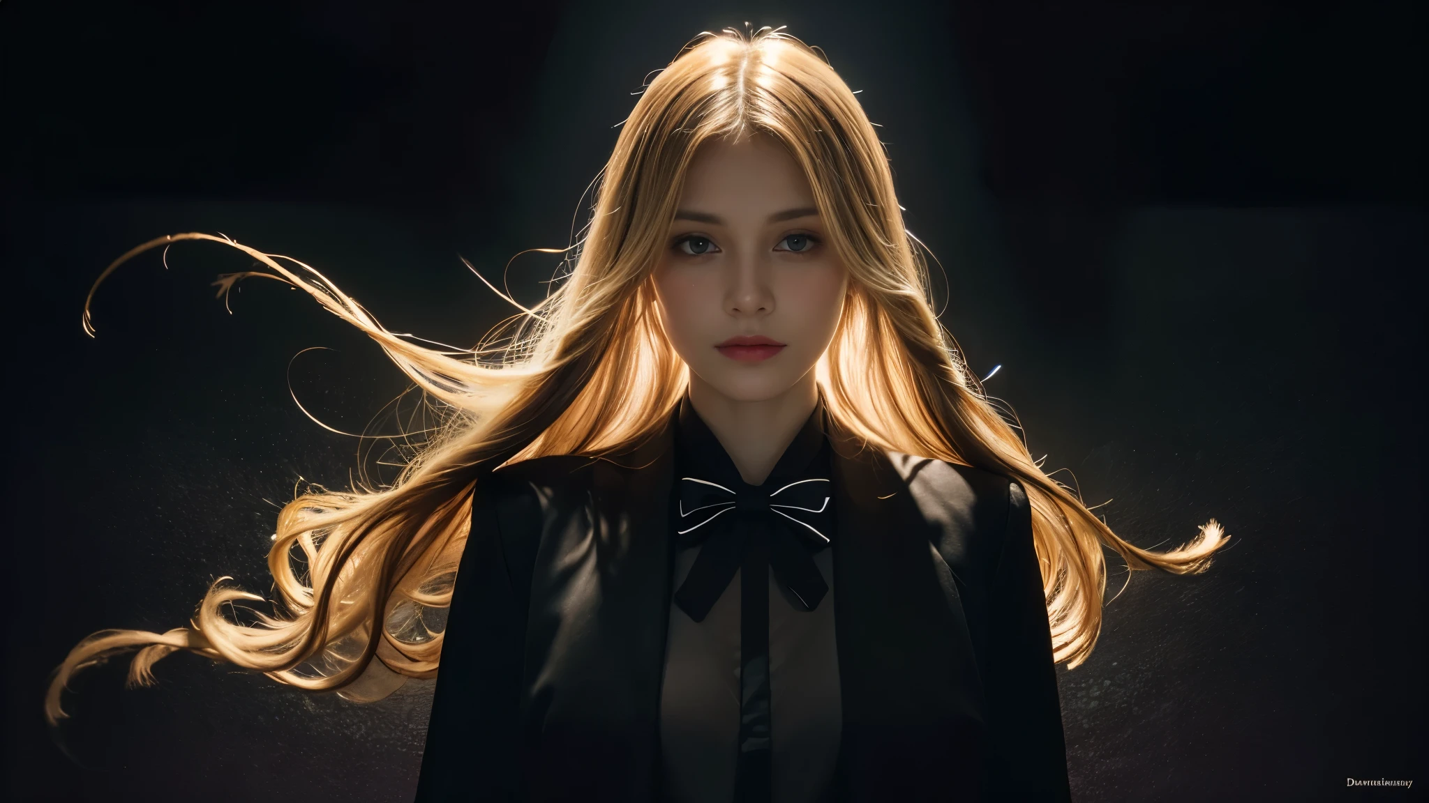 (front focus),(in the dark:1.6), Surreal Portraits of Women by David Hockney and Alphonse Mucha, fantasy art, Realistic photos, dynamic light, art station, poster, Volumetric light, 4k, 1 girl, in the dark, deep shadow, Low noise, (Formal clothing:1.4), Shoulder length hair, light blonde hair,