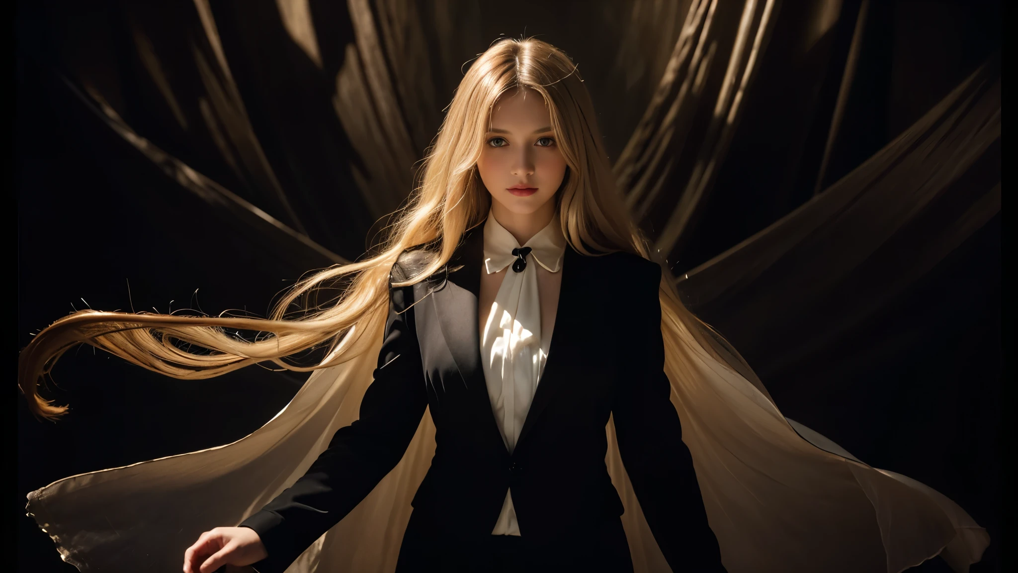 (front focus),(in the dark:1.6), Surreal Portraits of Women by David Hockney and Alphonse Mucha, fantasy art, Realistic photos, dynamic light, art station, poster, Volumetric light, 4k, 1 girl, in the dark, deep shadow, Low noise, (Formal clothing:1.4), Shoulder length hair, light blonde hair,

