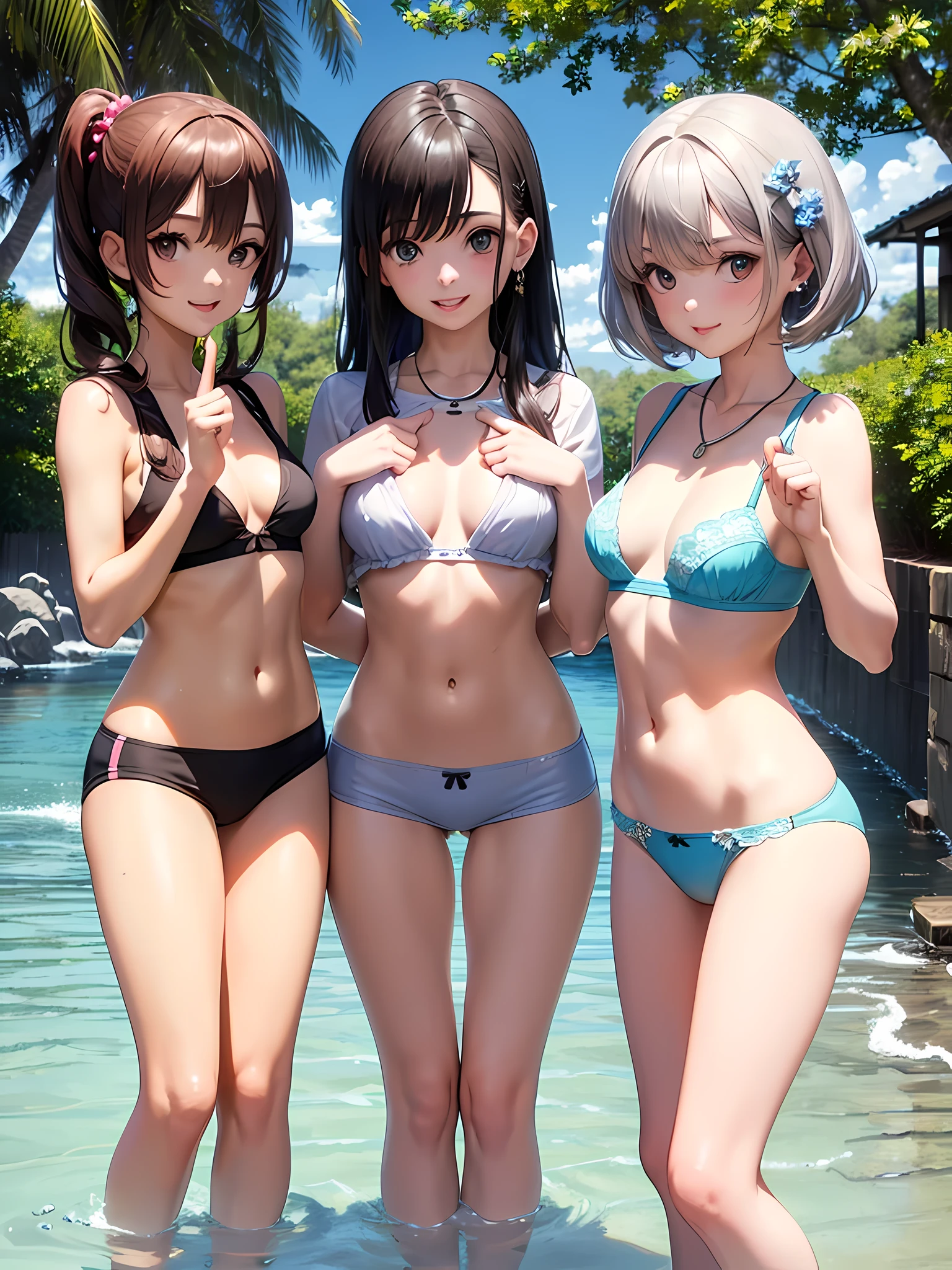 ((highest quality)), ((masterpiece)), (**************), (3 girls:1.3), cute three girls are posing for a camera outdoors in the water, shirtをつかむ, stand side by side, (Close-up shot from the knee:1.3), perfect face, smile, (open your mouth and smile:1.3), embarrassed look, (precise fingers:1.3), hair band, head band, hair bobble, blouse, shirt, I can see your underwear, (pastel colored underwear), high resolution eyes, accurate eyes, (high resolution eyes:1.8), (High definition finger 1.8), light smile, small chest, chest, realistic, 4-****-***, 5 *********, 6 ***** old, 7 years old, knee socks, short skirt, Asian, Westerners, silver hair, brown hair, blonde, belly button, jewelry, looking at the viewer, necklace, water, , Wet, long hair, short hair, abs,