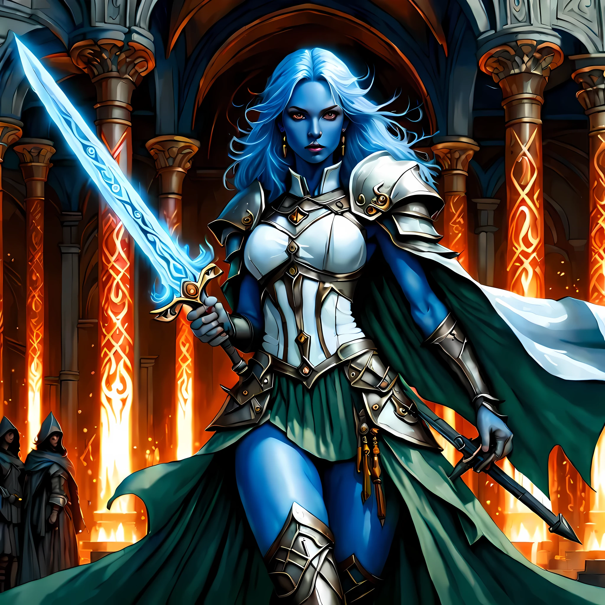fantasy art, dnd art, RPG art, wide shot, (masterpiece: 1.4) a (portrait: 1.3) intense details, highly detailed, photorealistic, best quality, highres, portrait a female (fantasy art, Masterpiece, best quality: 1.3) ((blue skin: 1.5)), intense details facial details, exquisite beauty, (fantasy art, Masterpiece, best quality) cleric, (blue: 1.3) skinned female, white hair, long hair, (hair hides ears: 1.5), (green: 1.3) eye, fantasy art, Masterpiece, best quality) armed a fiery sword red fire, wearing heavy (white: 1.3) half plate mail armor, wearing high heeled laced boots, wearing an(orange :1.3) cloak, wearing glowing holy symbol GlowingRunes_yellow, within fantasy temple background, reflection light, high details, best quality, 16k, [ultra detailed], masterpiece, best quality, (extremely detailed), close up, ultra wide shot, photorealistic, RAW, fantasy art, dnd art, fantasy art, realistic art,((best quality)), ((masterpiece)), (detailed), perfect face, 