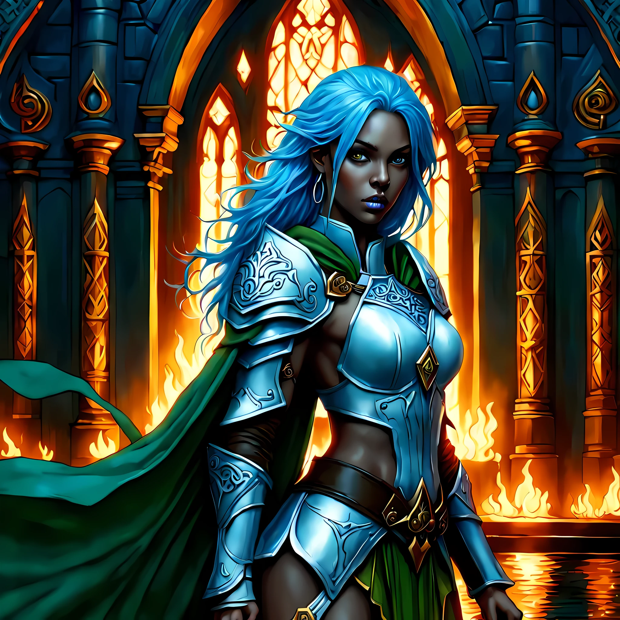 fantasy art, dnd art, RPG art, wide shot, (masterpiece: 1.4) a (portrait: 1.3) intense details, highly detailed, photorealistic, best quality, highres, portrait a female (fantasy art, Masterpiece, best quality: 1.3) ((blue skin: 1.5)), intense details facial details, exquisite beauty, (fantasy art, Masterpiece, best quality) cleric, (blue: 1.3) skinned female, white hair, long hair, (hair hides ears: 1.5), (green: 1.3) eye, fantasy art, Masterpiece, best quality) armed a fiery sword red fire, wearing heavy (white: 1.3) half plate mail armor, wearing high heeled laced boots, wearing an(orange :1.3) cloak, wearing glowing holy symbol GlowingRunes_yellow, within fantasy temple background, reflection light, high details, best quality, 16k, [ultra detailed], masterpiece, best quality, (extremely detailed), close up, ultra wide shot, photorealistic, RAW, fantasy art, dnd art, fantasy art, realistic art,((best quality)), ((masterpiece)), (detailed), perfect face, 