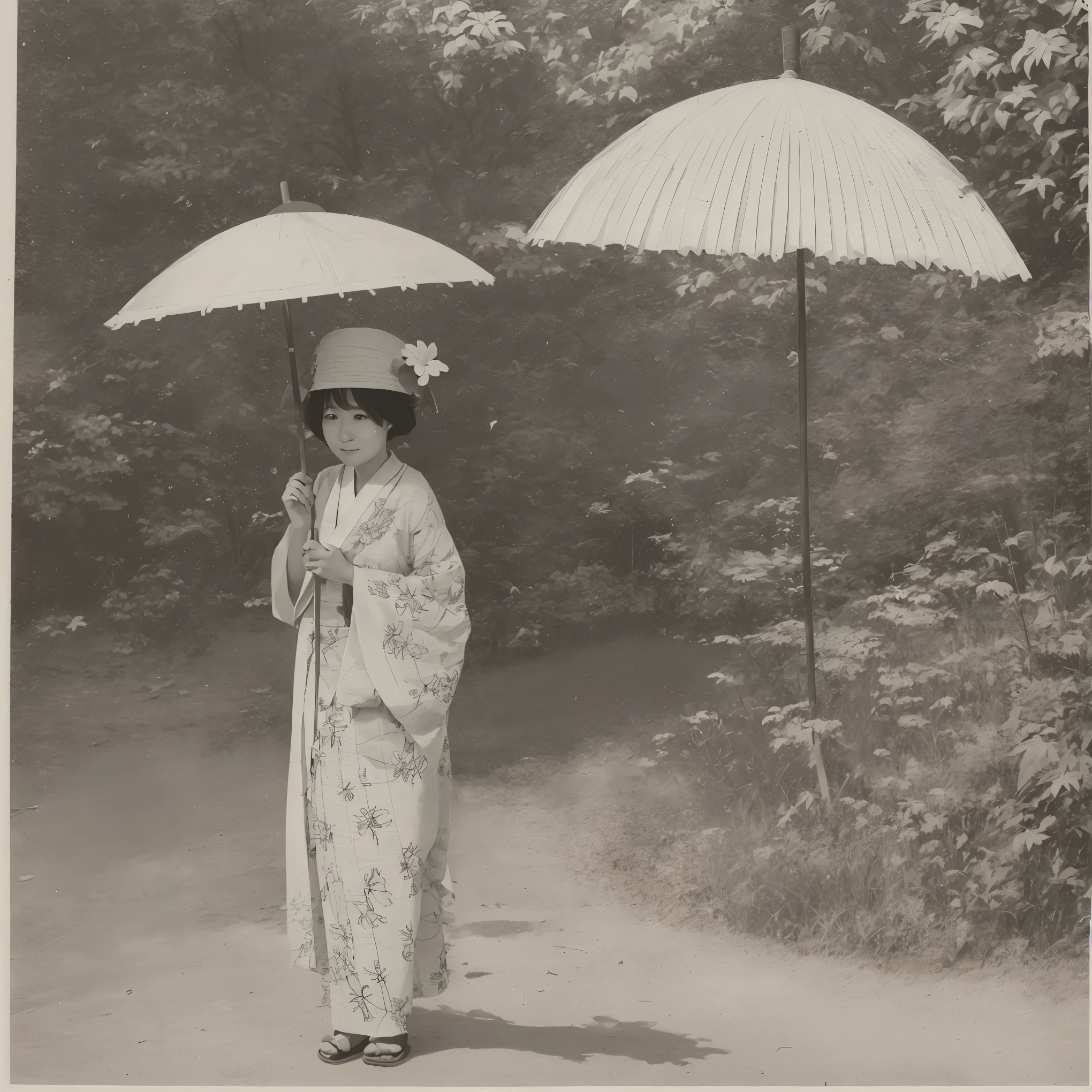 A woman holding a higasa parasol drawn over a kakejiku rolled scroll --stylize 500