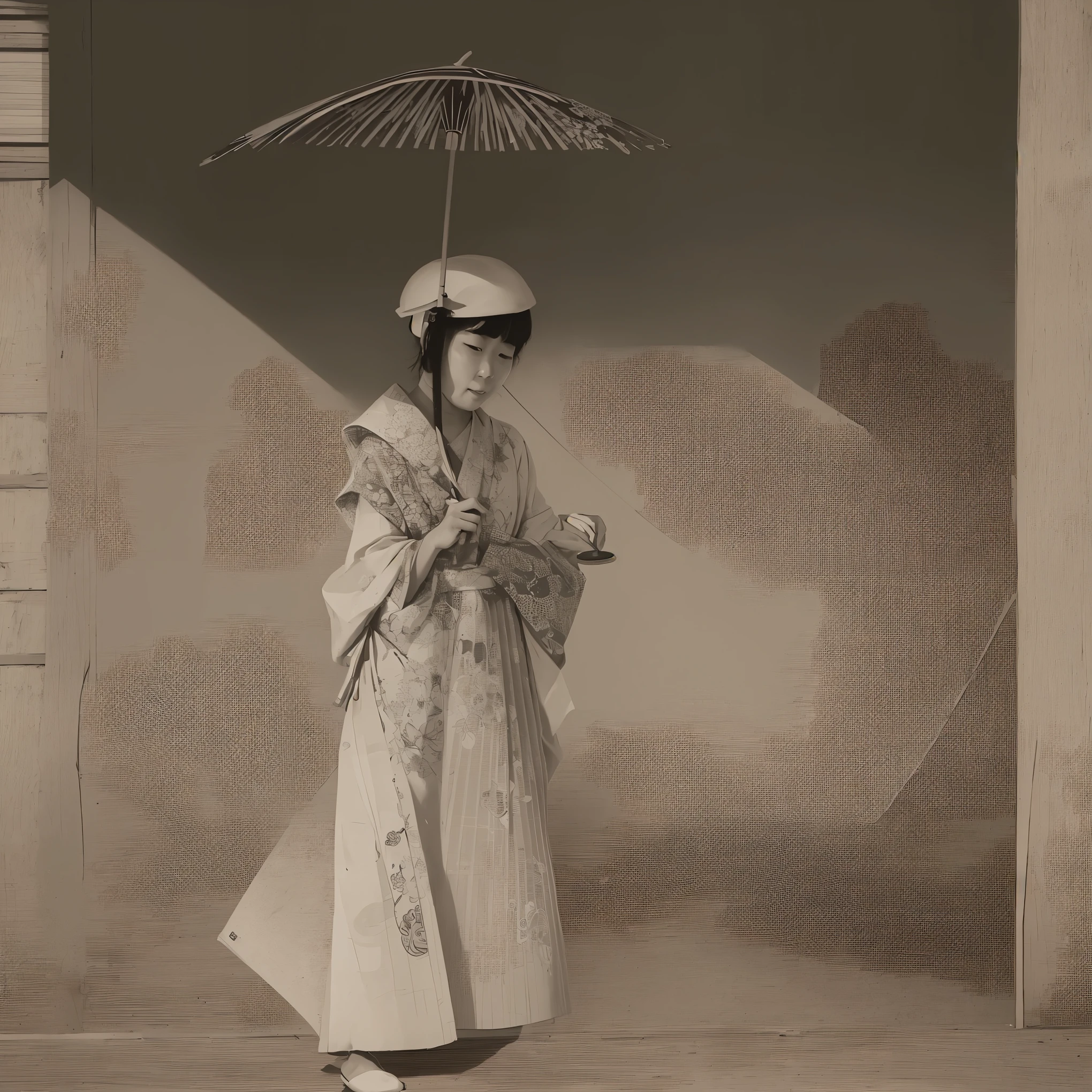 A woman holding a higasa parasol drawn over a kakejiku rolled scroll --stylize 500
