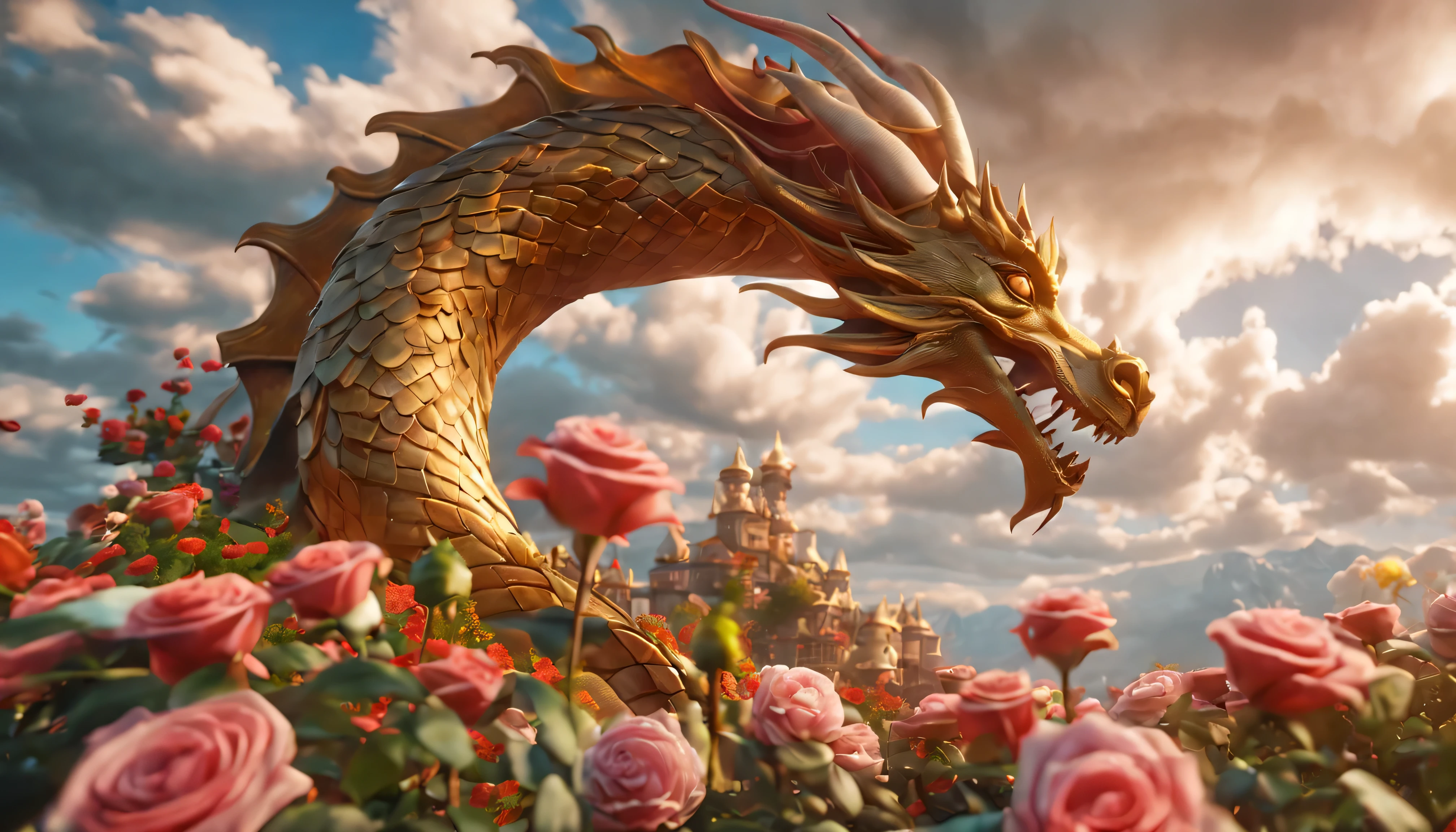 (masterpiece)), ((Best quality)), 8K, HD, Super Detail, flower garden, roses everywhere, (dragon sleeping in the center, bronze shells, yellow skin, iron horns), huge white clouds, fluffy clouds, mystic atmosphere, unreal engine, ray tracing