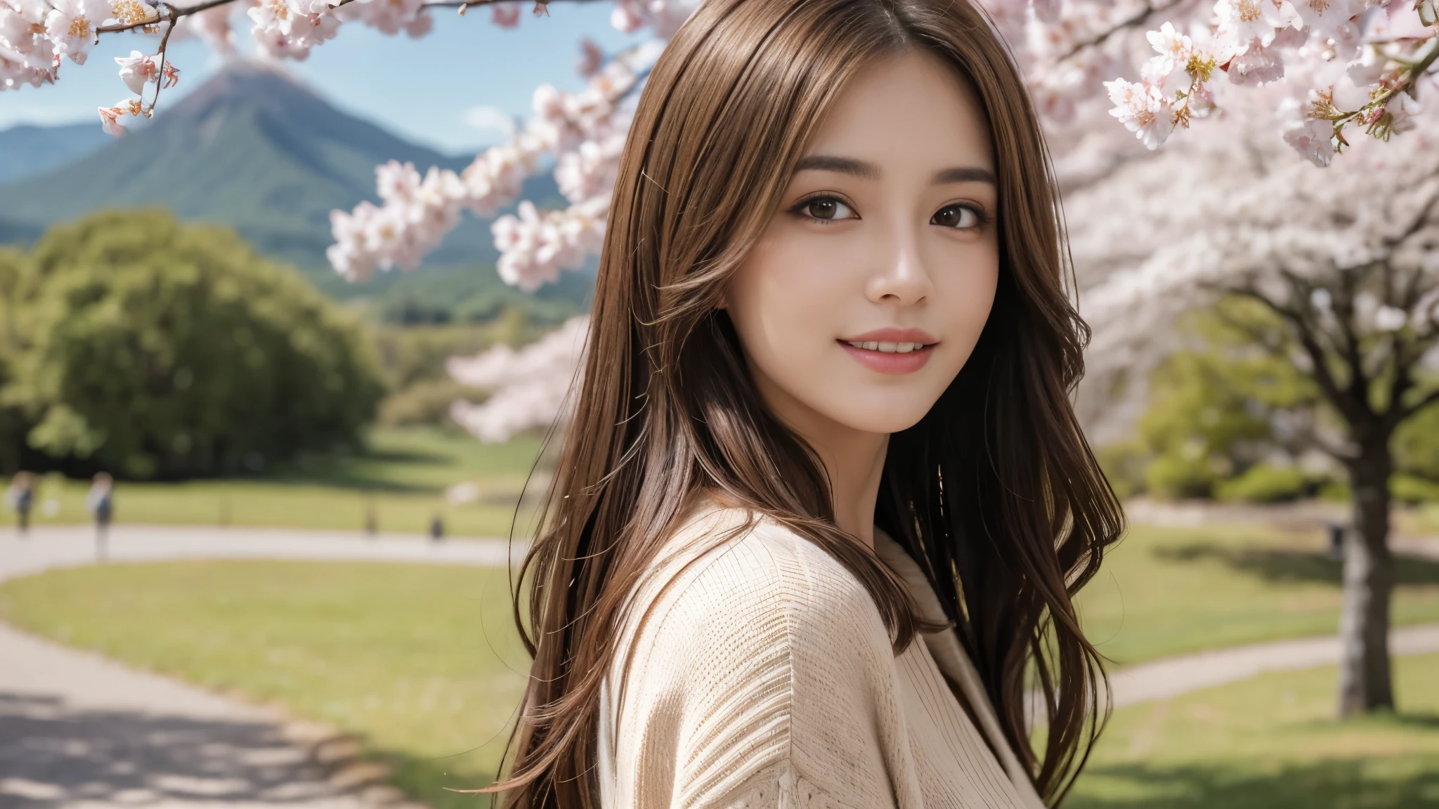 masterpiece, Best Quality, Photorealistic, Ultra-detailed, finely detailed, High resolution, 8K Wallpaper, 1 beautiful woman, light brown hair, foco nítido, Perfect dynamic composition, Beautiful detailed eyes, detailed hairs, Detailed realistic skin texture, Smiling, portrait, Model body type, Take a walk in the park with cherry blossoms and Fuji mountain background,