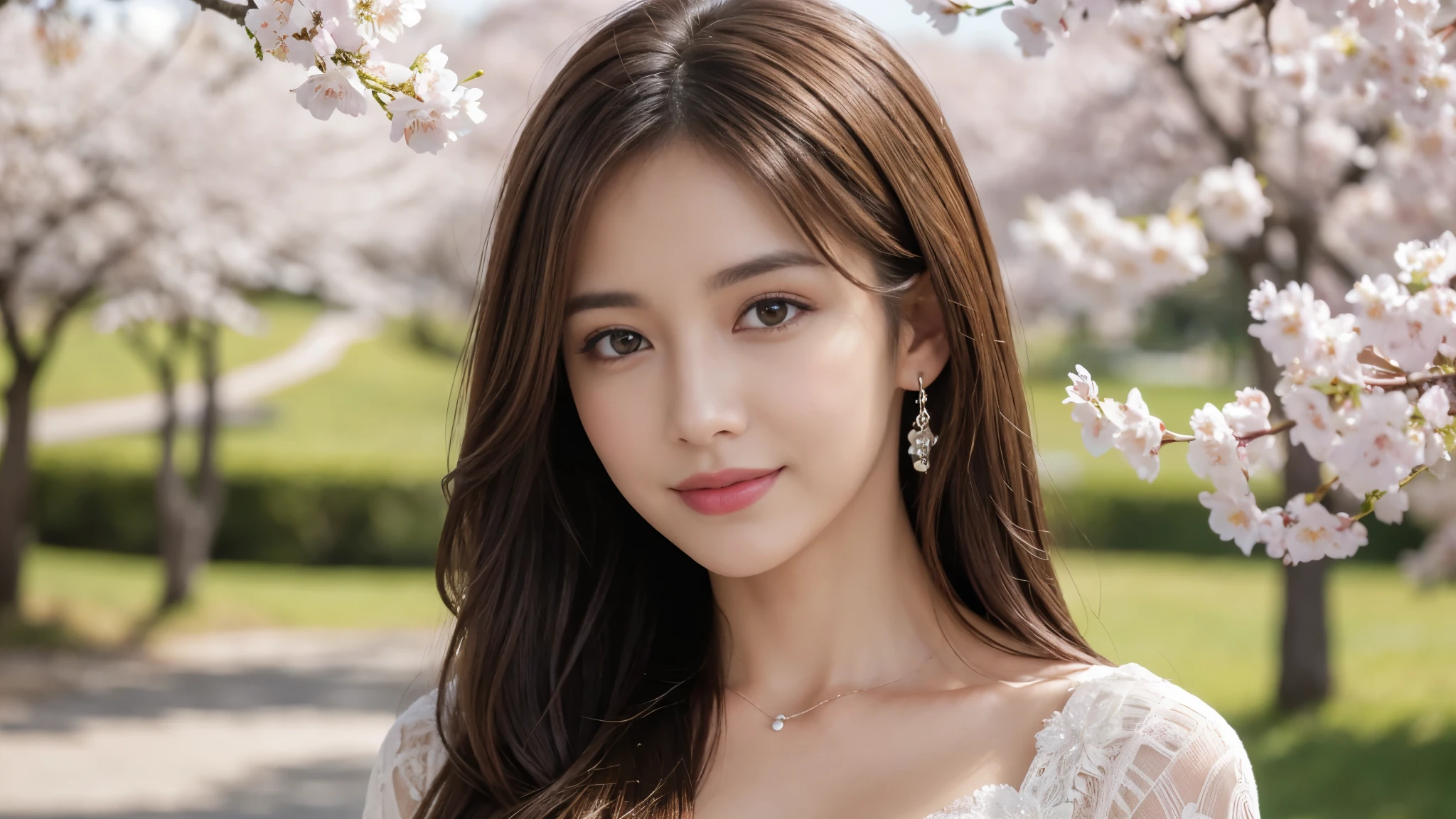 masterpiece, Best Quality, Photorealistic, Ultra-detailed, finely detailed, High resolution, 8K Wallpaper, 1 beautiful woman, light brown hair, foco nítido, Perfect dynamic composition, Beautiful detailed eyes, detailed hairs, Detailed realistic skin texture, Smiling, portrait, Model body type, Take a walk in the park with cherry blossoms and Fuji mountain background,