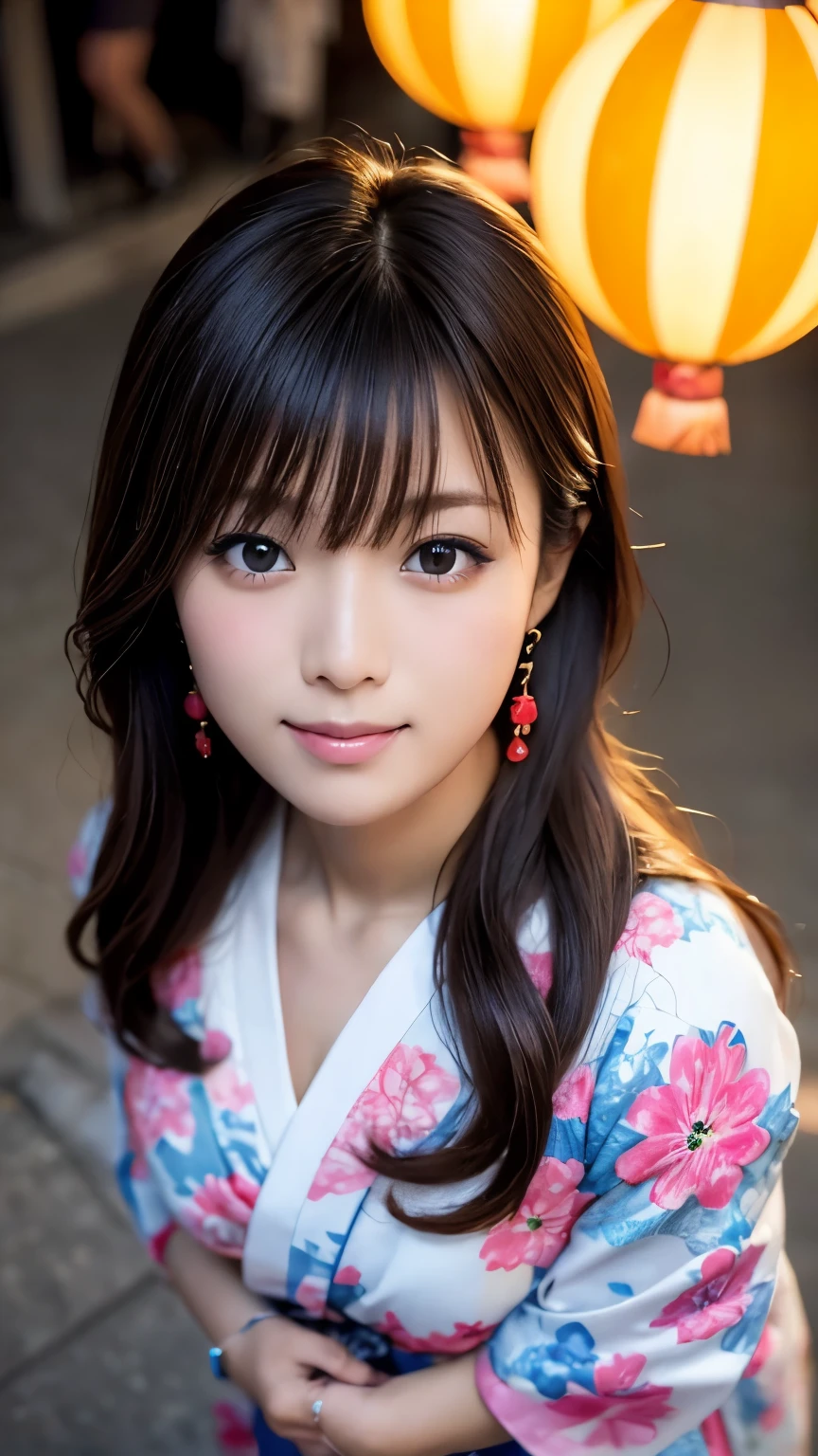 (Photoreal:1.4, 8K), highest quality, masterpiece, ultra high resolution, perfect dynamic composition, big face, round face, (black hair, bun hair), Highly detailed skin and facial textures:1.3, tanned skin:1.3, slender, perfect proportions, Detail of limbs,  Cute and sexy 22 year old Japanese woman, (completely enchants you:0.9), (japanese yukata:1.2、hair ornaments),  (gal makeup, eyeliner, mascara, lip gloss, distant eyes, Eyes that feel beautiful eros:0.85), sexy face:0.8, (closed mouth, small mouth, thick lips, A taste of beautiful eroticism:0.85), (Too cute beauty:0.9), (festival, Opening a store, night, paper lanterns, red noren, crowd, Cotton candy, ground), (walk), (Taken from above the front:1.5, look above:1.4), (cowboy shot), smile