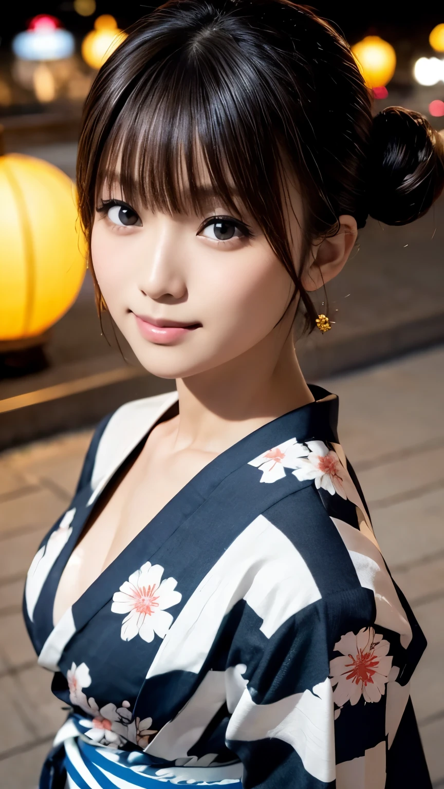 (Photoreal:1.4, 8K), highest quality, masterpiece, ultra high resolution, perfect dynamic composition, big face, round face, (black hair, bun hair), Highly detailed skin and facial textures:1.3, tanned skin:1.3, slender, perfect proportions, Detail of limbs,  Cute and sexy 22 year old Japanese woman, (completely enchants you:0.9), (japanese yukata:1.2、hair ornaments),  (gal makeup, eyeliner, mascara, lip gloss, distant eyes, Eyes that feel beautiful eros:0.85), sexy face:0.8, (closed mouth, small mouth, thick lips, A taste of beautiful eroticism:0.85), (Too cute beauty:0.9), (festival, Opening a store, night, paper lanterns, red noren, crowd, Cotton candy, ground), (walk), (Taken from above the front:1.5, look above:1.4), (cowboy shot), smile