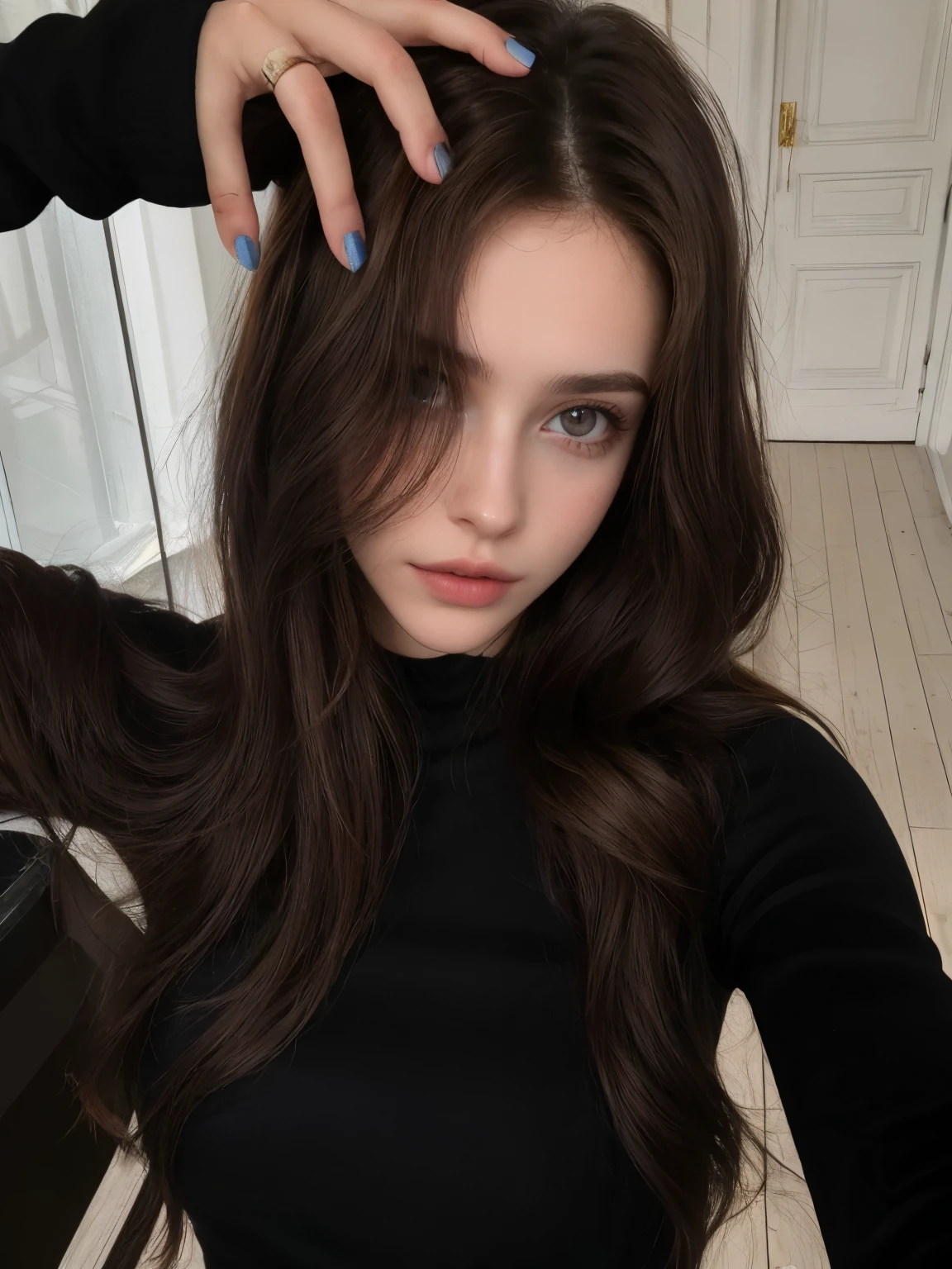 Hay una mujer que se cepilla el pelo en el espejo., girl with dark brown hair, Angelina Stroganova, Dasha Taran, maravilloso cabello oscuro, anastasia ovchinnikova, Retrato de Sophie Mudd, dark brown hair, julia gorokhova, con pelo largo y ojos penetrantes, dark brown hair, con pelo largo y oscuro