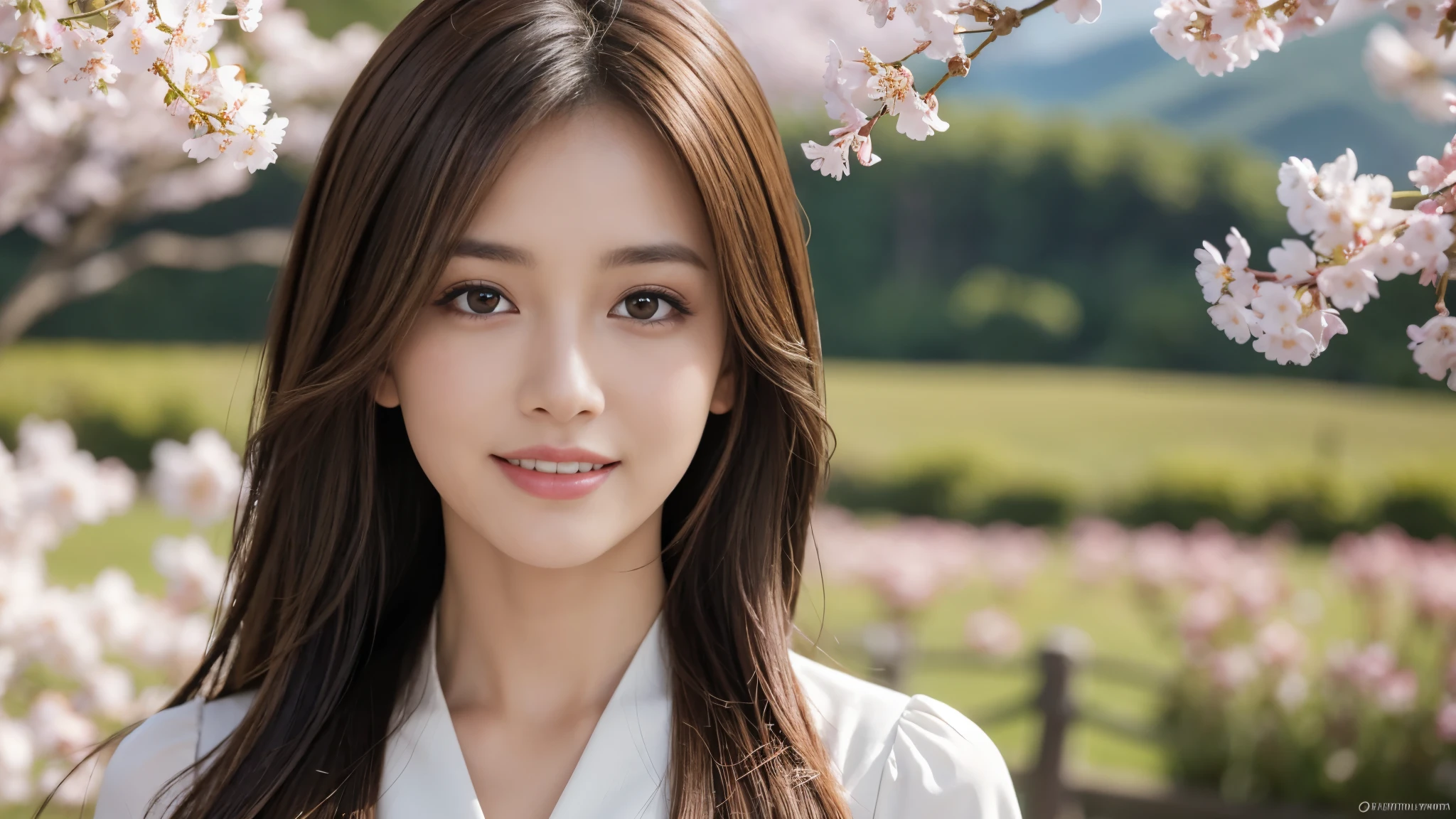 masterpiece, Best Quality, Photorealistic, Ultra-detailed, finely detailed, High resolution, 8K Wallpaper, 1 beautiful woman, light brown hair, foco nítido, Perfect dynamic composition, Beautiful detailed eyes, detailed hairs, Detailed realistic skin texture, Smiling, portrait, Model body type, Take a walk in the park with cherry blossoms and Fuji mountain background,