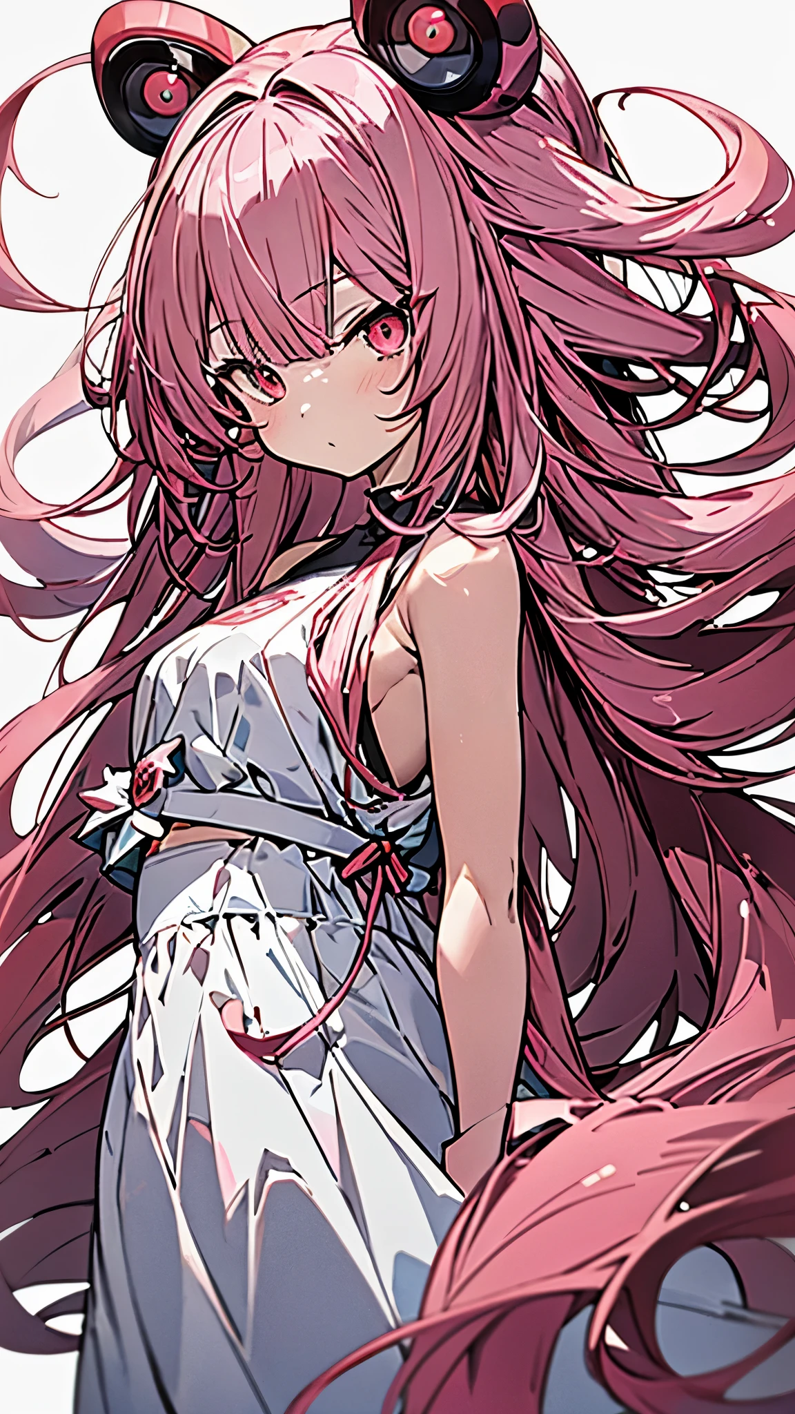 bearの耳,pink long hair,anime characters,beautiful girl,bear,red eyes, (simple background, white background: 1.3),whole body