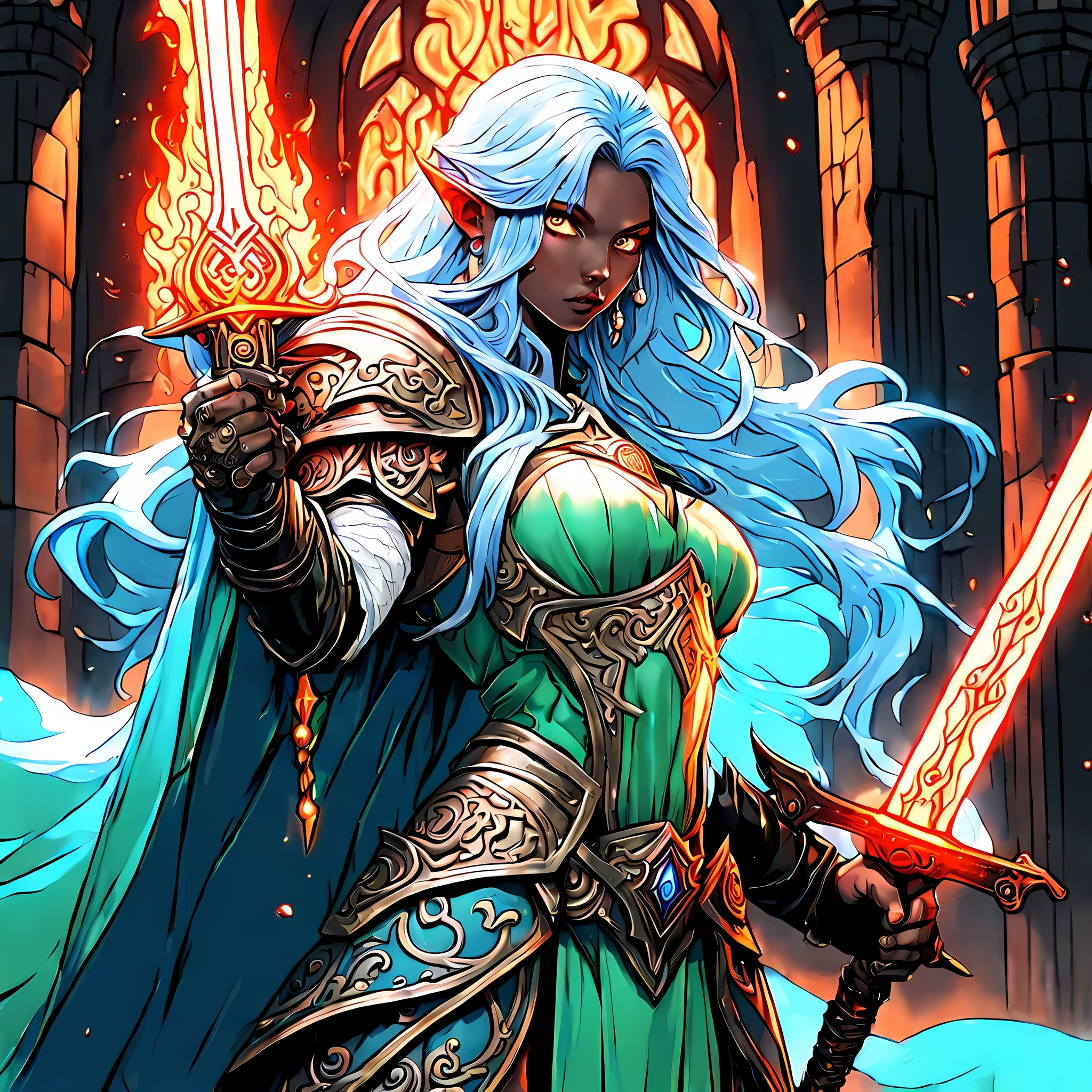 fantasy art, dnd art, RPG art, wide shot, (masterpiece: 1.4) a (portrait: 1.3) intense details, highly detailed, photorealistic, best quality, highres, portrait a female (fantasy art, Masterpiece, best quality: 1.3) ((blue skin: 1.5)), intense details facial details, exquisite beauty, (fantasy art, Masterpiece, best quality) cleric, (blue: 1.3) skinned female, white hair, long hair, (hair hides ears: 1.5), (green: 1.3) eye, fantasy art, Masterpiece, best quality) armed a fiery sword red fire, wearing heavy (white: 1.3) half plate mail armor, wearing high heeled laced boots, wearing an(orange :1.3) cloak, wearing glowing holy symbol GlowingRunes_yellow, within fantasy temple background, reflection light, high details, best quality, 16k, [ultra detailed], masterpiece, best quality, (extremely detailed), close up, ultra wide shot, photorealistic, RAW, fantasy art, dnd art, fantasy art, realistic art,((best quality)), ((masterpiece)), (detailed), perfect face, 