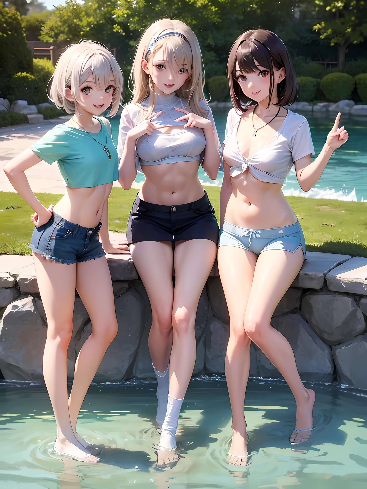 ((highest quality)), ((masterpiece)), (), (3 girls:1.3), cute three girls are posing for a camera outdoors in the water, shirtをつかむ, stand side by side, (Close-up shot from the knee:1.3), perfect face, smile, (open your mouth and smile:1.3), embarrassed look, (precise fingers:1.3), hair band, head band, hair bobble, blouse, shirt, I can see your underwear, (pastel colored underwear), high resolution eyes, accurate eyes, (high resolution eyes:1.8), (High definition finger 1.8), light smile, small chest, chest, realistic, 4-year-old, 5 yeold, ears ols old, knee s short skirt, Asian, Westerners, silver hair, brown hair, blonde, belly button, jewelry, looking at the viewer, necklace, water, , Wet, long hair, short hair, abs,