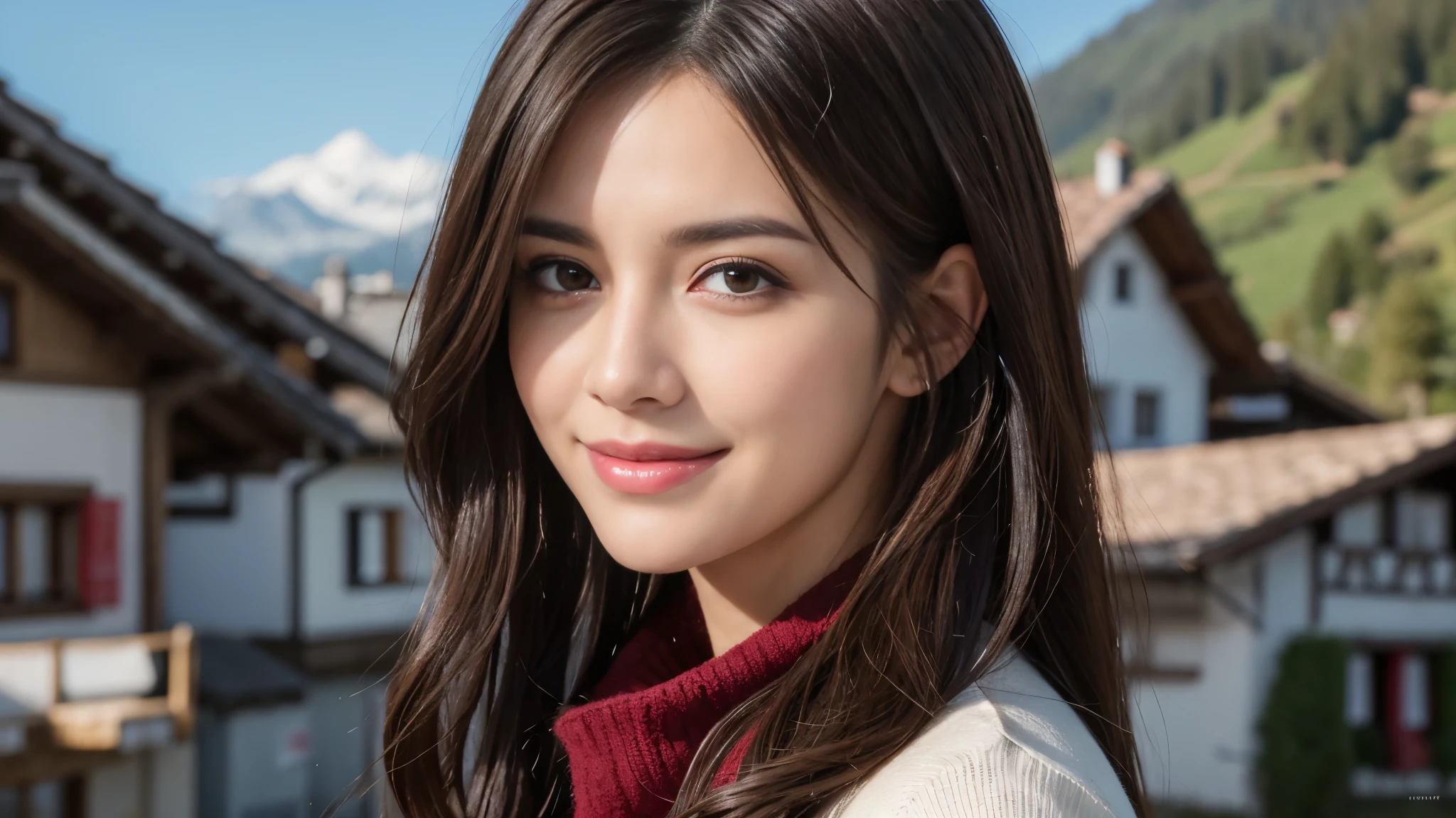masterpiece, Best Quality, Photorealistic, Ultra-detailed, finely detailed, High resolution, 8K Wallpaper, 1 beautiful woman, light brown hair, foco nítido, Perfect dynamic composition, Beautiful detailed eyes, detailed hairs, Detailed realistic skin texture, Smiling, portrait, Model body type, The background is the village of Grindelwald, Switzerland,