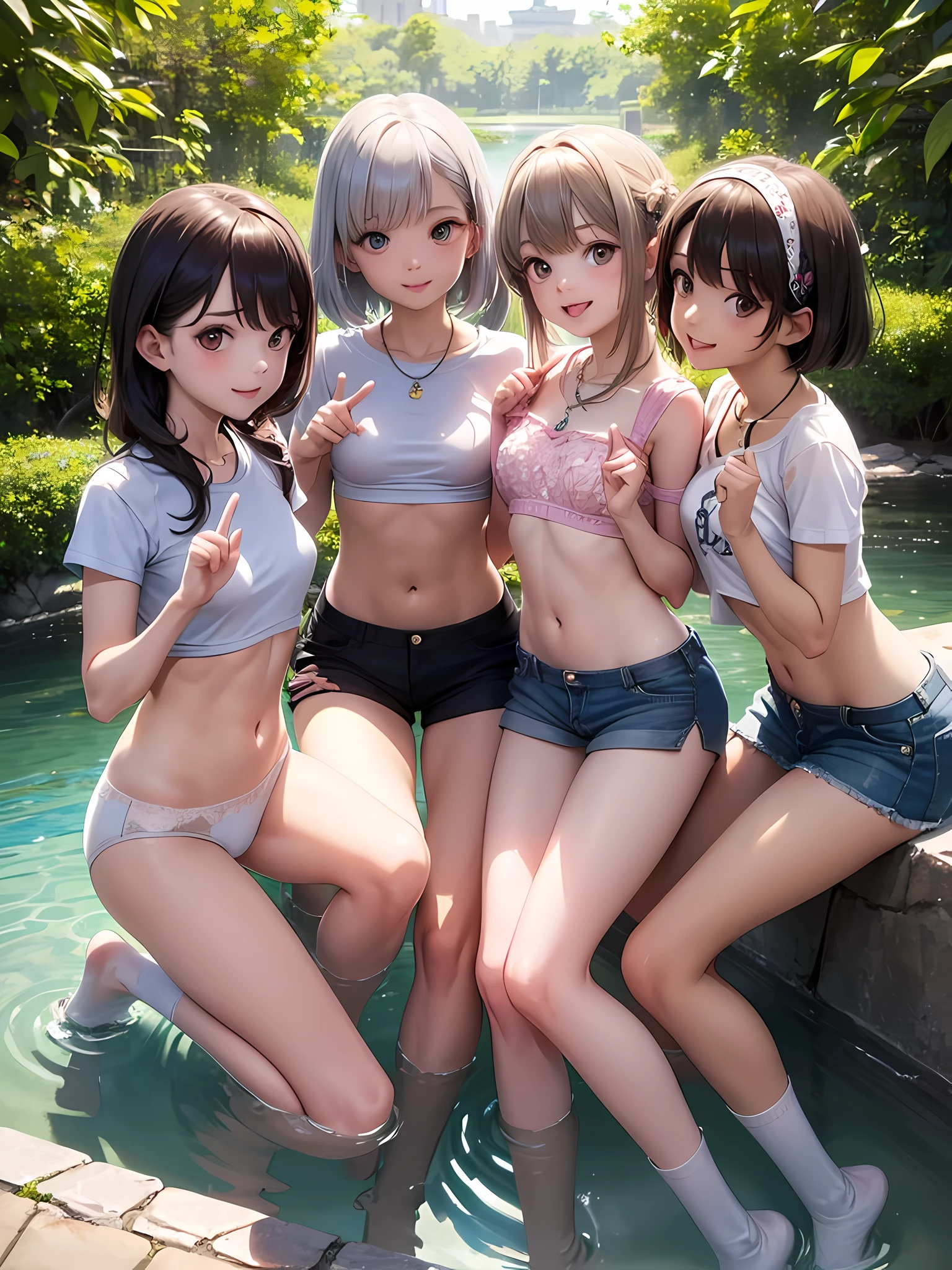 ((highest quality)), ((masterpiece)), (), (3 girls:1.3), cute three girls are posing for a camera outdoors in the water, shirtをつかむ, stand side by side, (Close-up shot from the knee:1.3), perfect face, smile, (open your mouth and smile:1.3), embarrassed look, (precise fingers:1.3), hair band, head band, hair bobble, blouse, shirt, I can see your underwear, (pastel colored underwear), high resolution eyes, accurate eyes, (high resolution eyes:1.8), (High definition finger 1.8), light smile, small chest, chest, realistic, 4-year-old, 5 yeold, ears ols old, knee s short skirt, Asian, Westerners, silver hair, brown hair, blonde, belly button, jewelry, looking at the viewer, necklace, water, , Wet, long hair, short hair, abs,