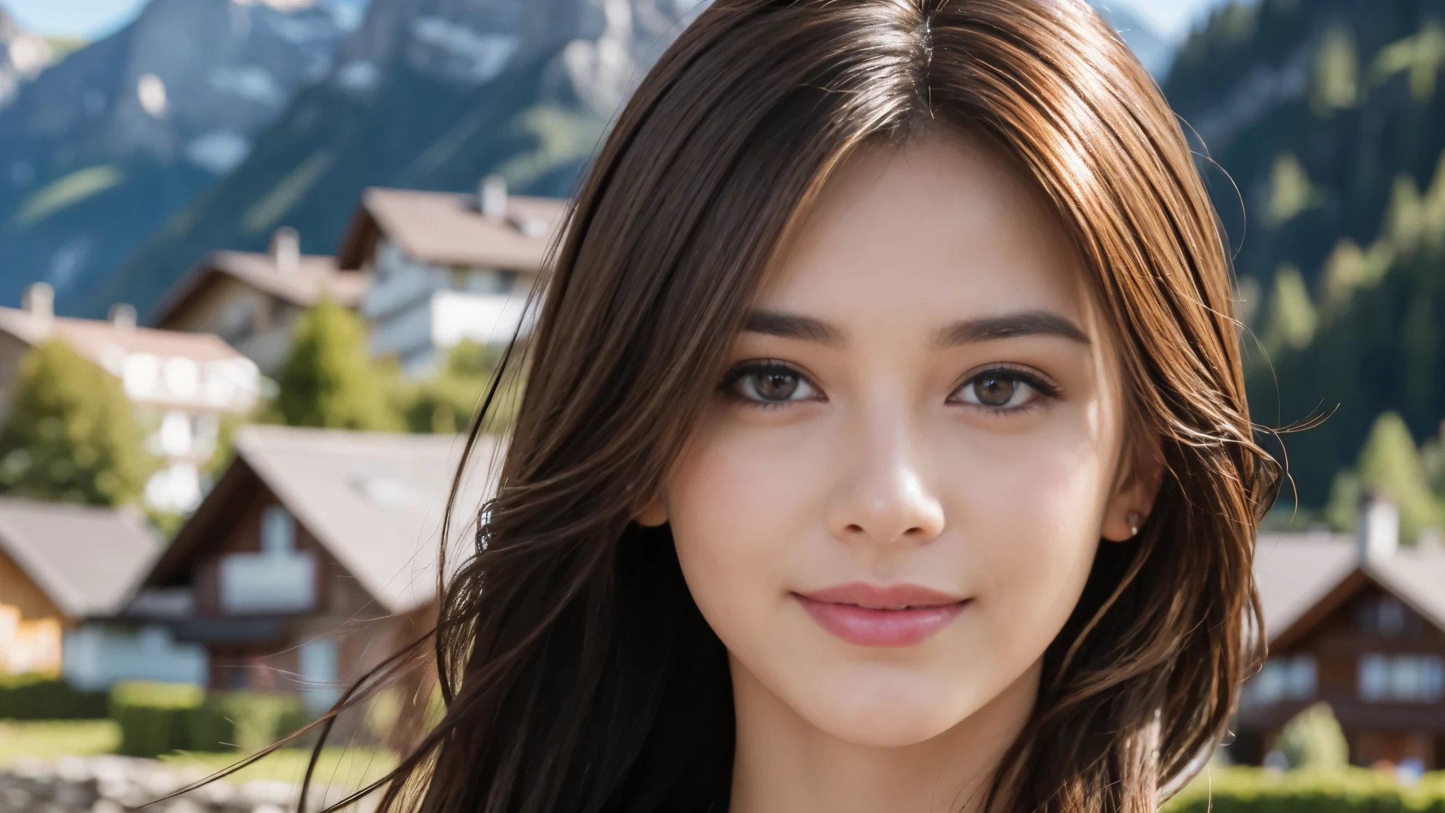 masterpiece, Best Quality, Photorealistic, Ultra-detailed, finely detailed, High resolution, 8K Wallpaper, 1 beautiful woman, light brown hair, foco nítido, Perfect dynamic composition, Beautiful detailed eyes, detailed hairs, Detailed realistic skin texture, Smiling, portrait, Model body type, The background is the village of Grindelwald, Switzerland,