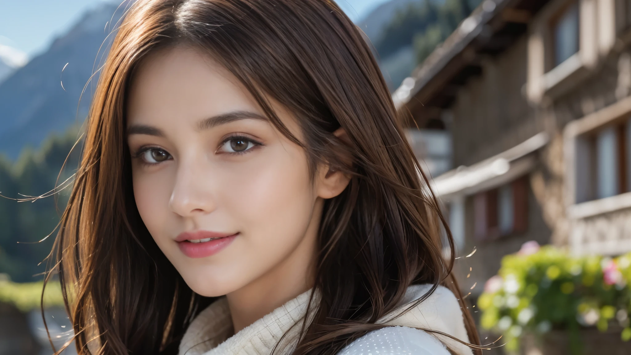 masterpiece, Best Quality, Photorealistic, Ultra-detailed, finely detailed, High resolution, 8K Wallpaper, 1 beautiful woman, light brown hair, foco nítido, Perfect dynamic composition, Beautiful detailed eyes, detailed hairs, Detailed realistic skin texture, Smiling, portrait, Model body type, The background is the village of Grindelwald, Switzerland,