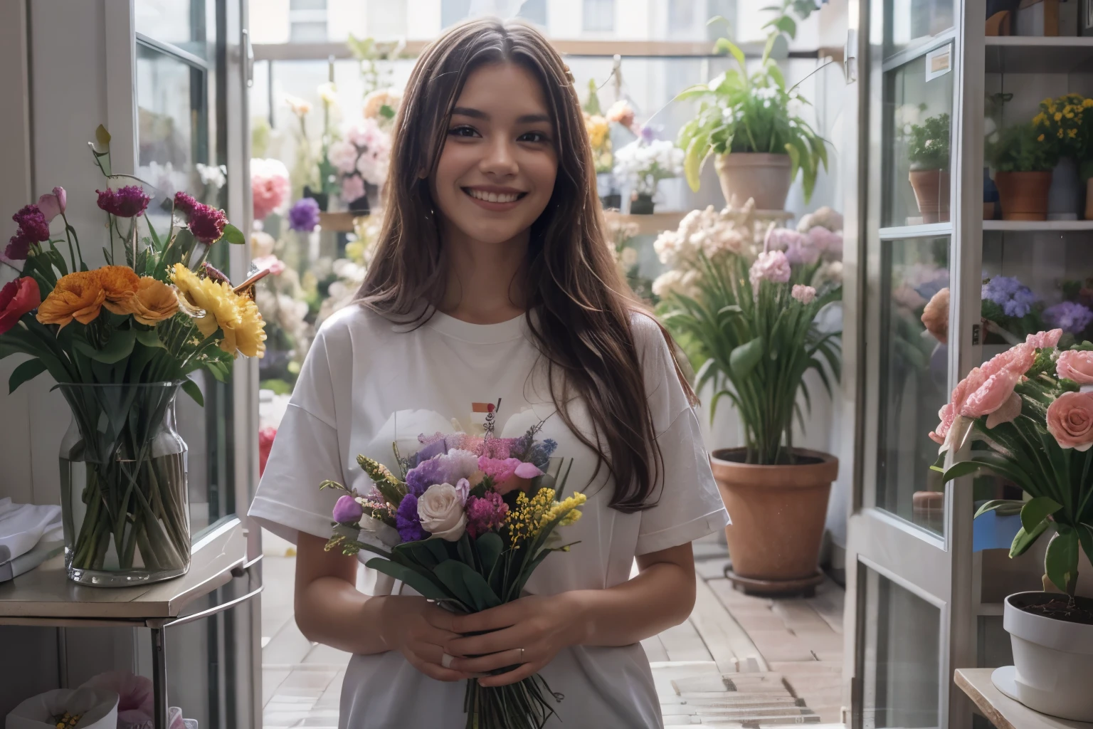 best quality、ultra high resolution、Full body female love、beautiful，outside the window, in heavy rain，Girl working in a flower shop、Different potted plants、many flowers，Wear a boyfriend style loose T-shirt，long hair，Bouquet is being made、Florist background， cute happy smile