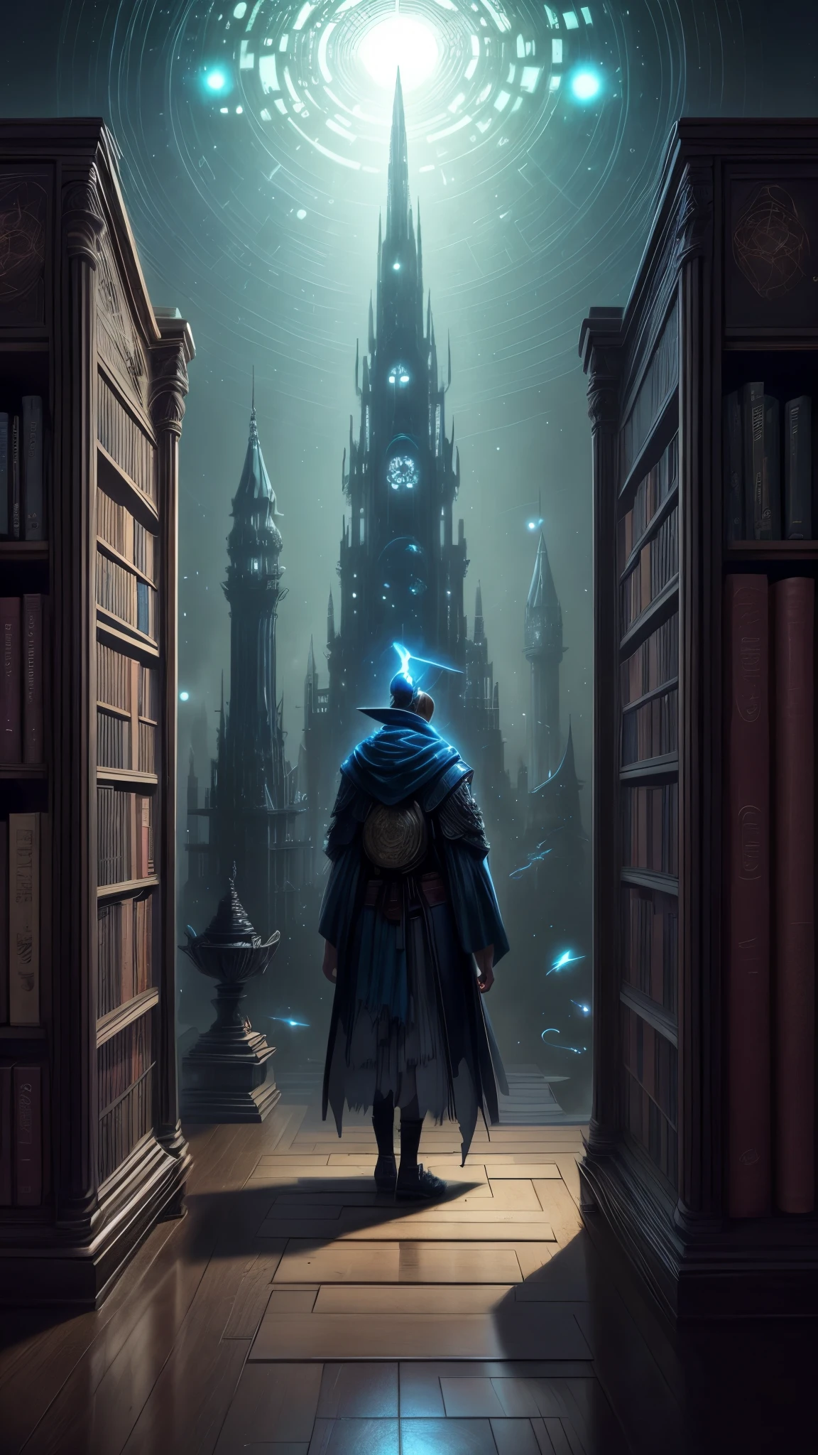 image of a wizard man standing in a magical library with books, endless books, borne space library artwork, books cave, fantasy book illustration, spiral shelves full of books, infinite celestial library, an eternal library, gothic epic library concept, magic library, japanese sci - fi books art, beeple and jean giraud, books all over the place
