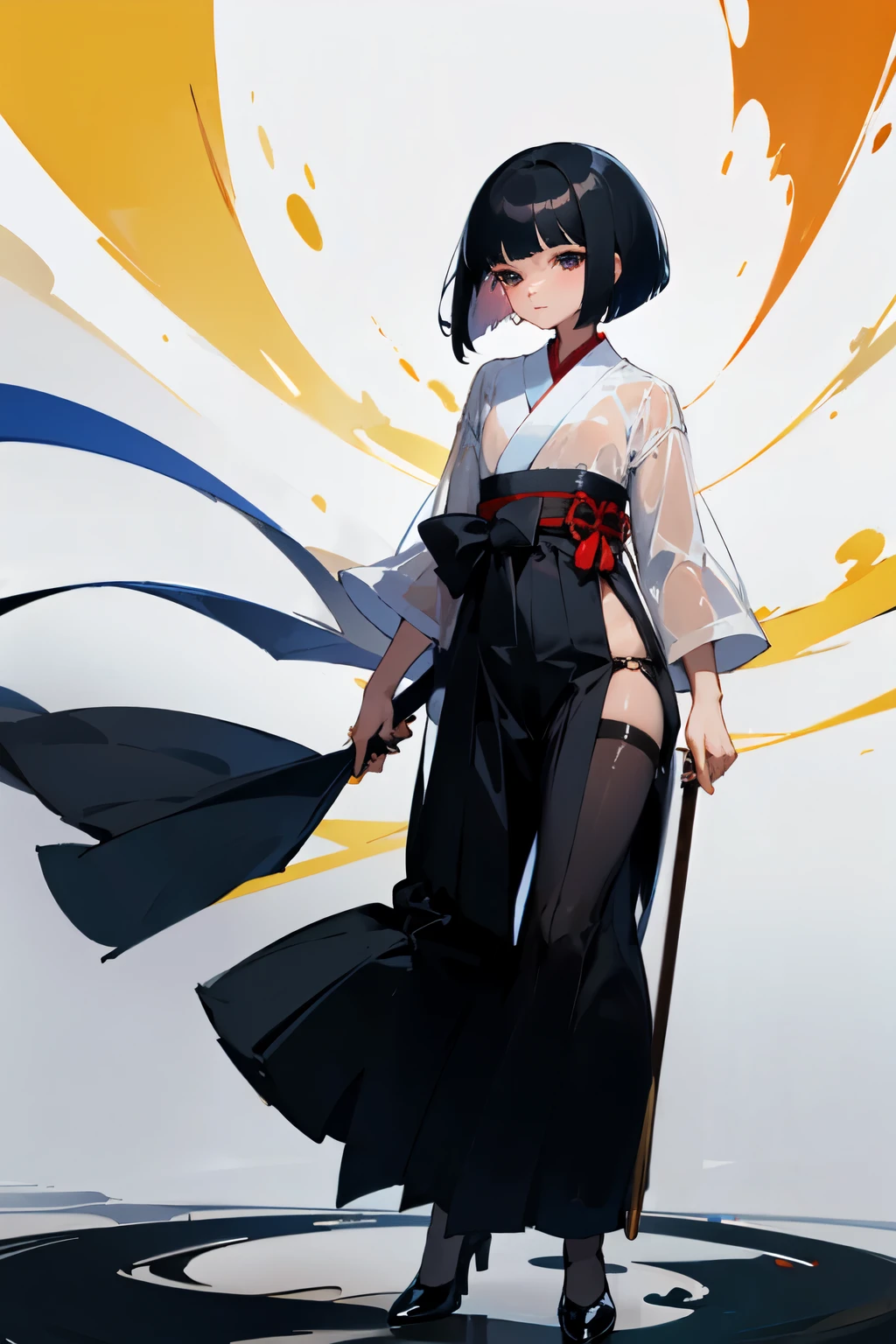 ,hakama, silk stocking , nylon , pumps, heel, high quality, ,black hair ,beautiful ,silky , see-through , black satin, standing , shiny, glossy, skin stocking,luster, bob cut, short hair , Garterbelt